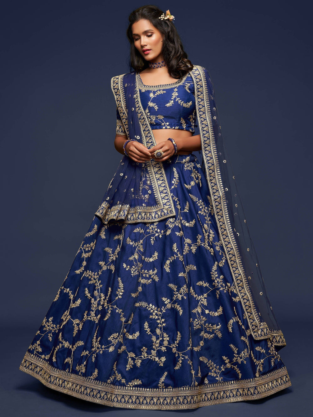 Blue Thread Embroidered Art Silk Wedding Lehenga Choli for Women