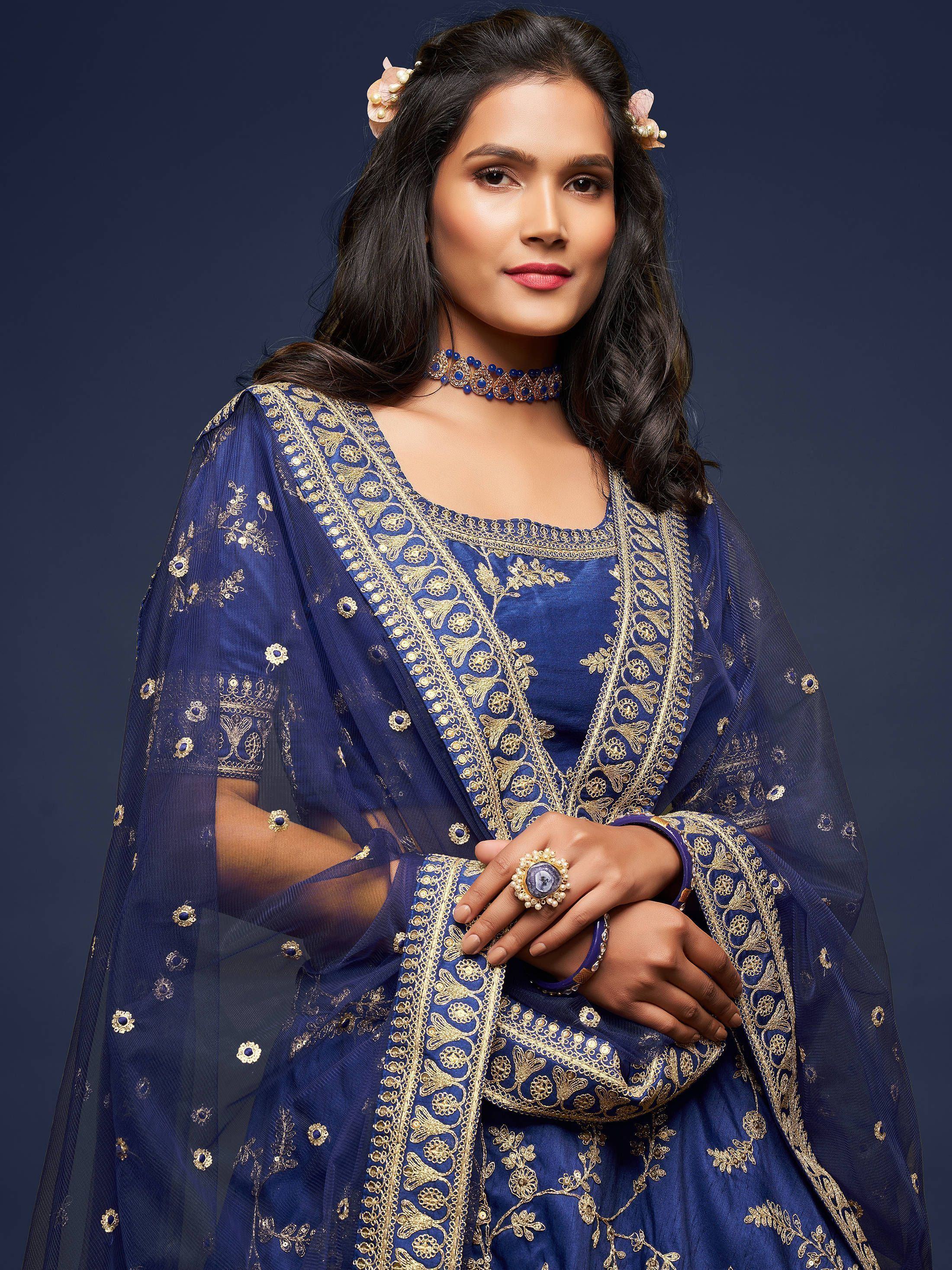 Blue Thread Embroidered Art Silk Wedding Lehenga Choli for Women