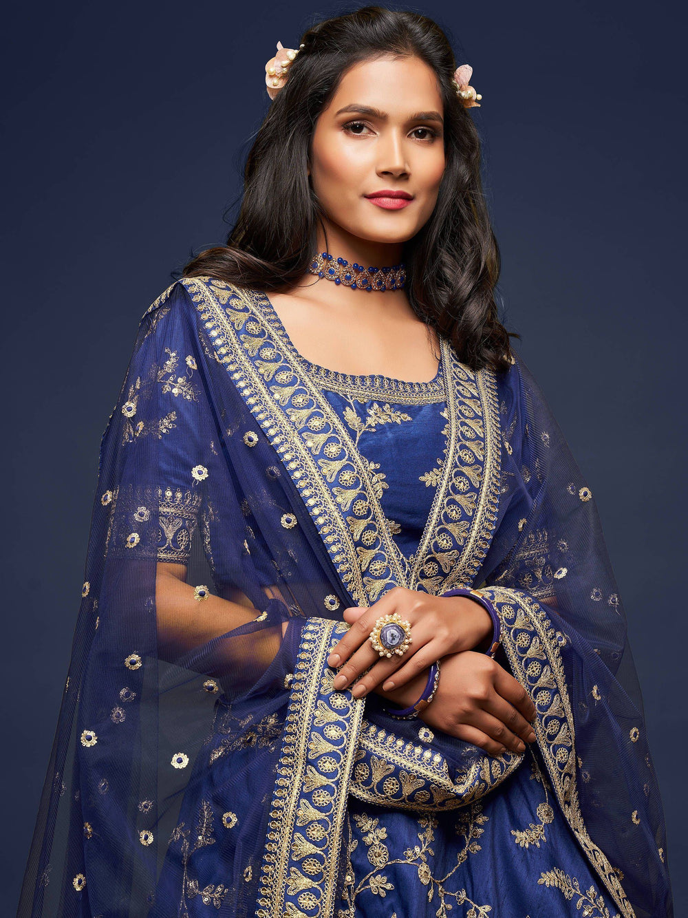 Blue Thread Embroidered Art Silk Wedding Lehenga Choli for Women