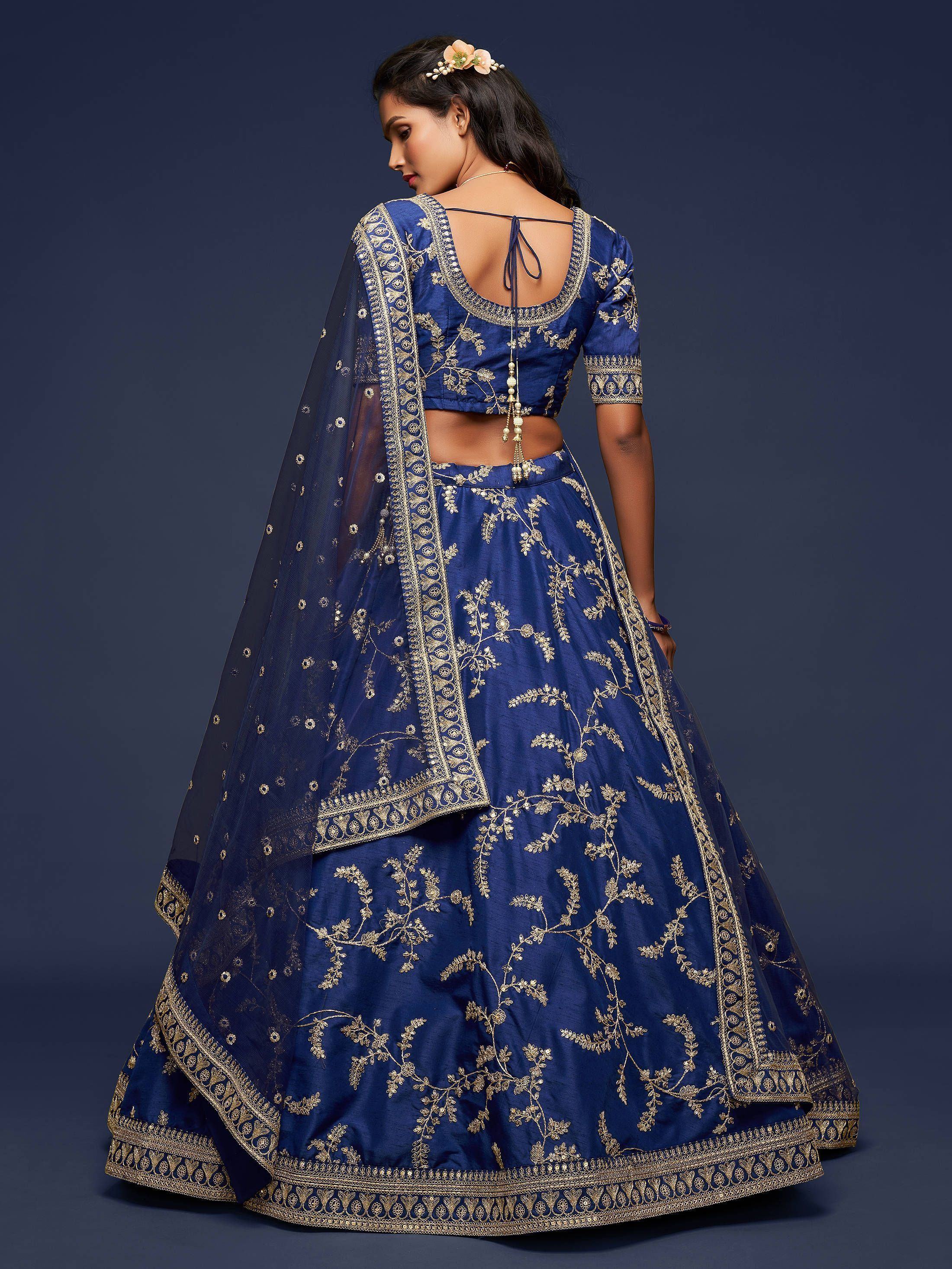 Blue Thread Embroidered Art Silk Wedding Lehenga Choli for Women