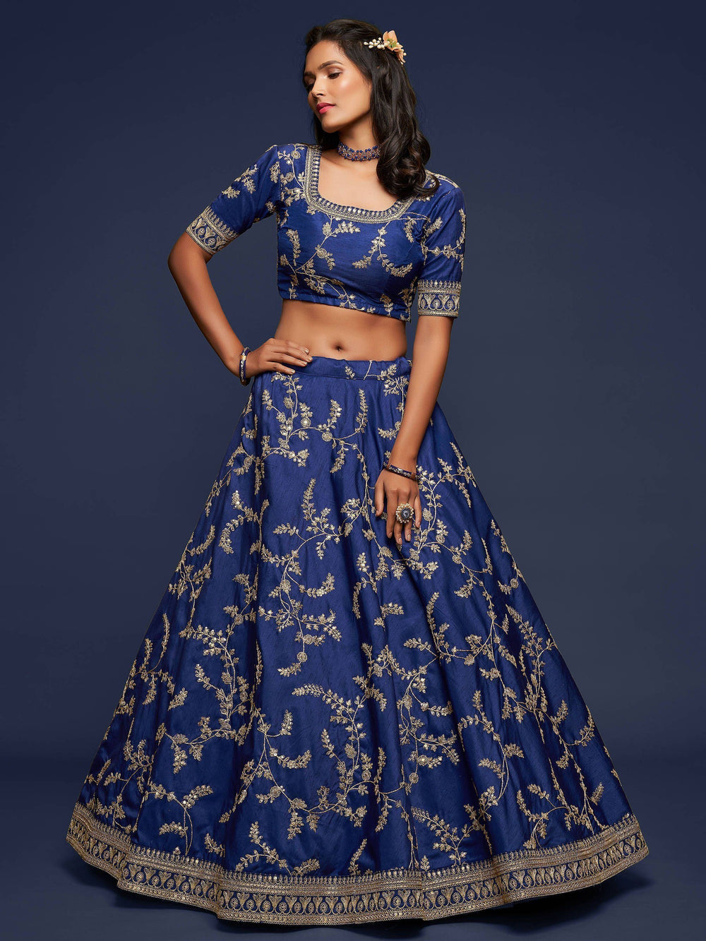 Blue Thread Embroidered Art Silk Wedding Lehenga Choli for Women