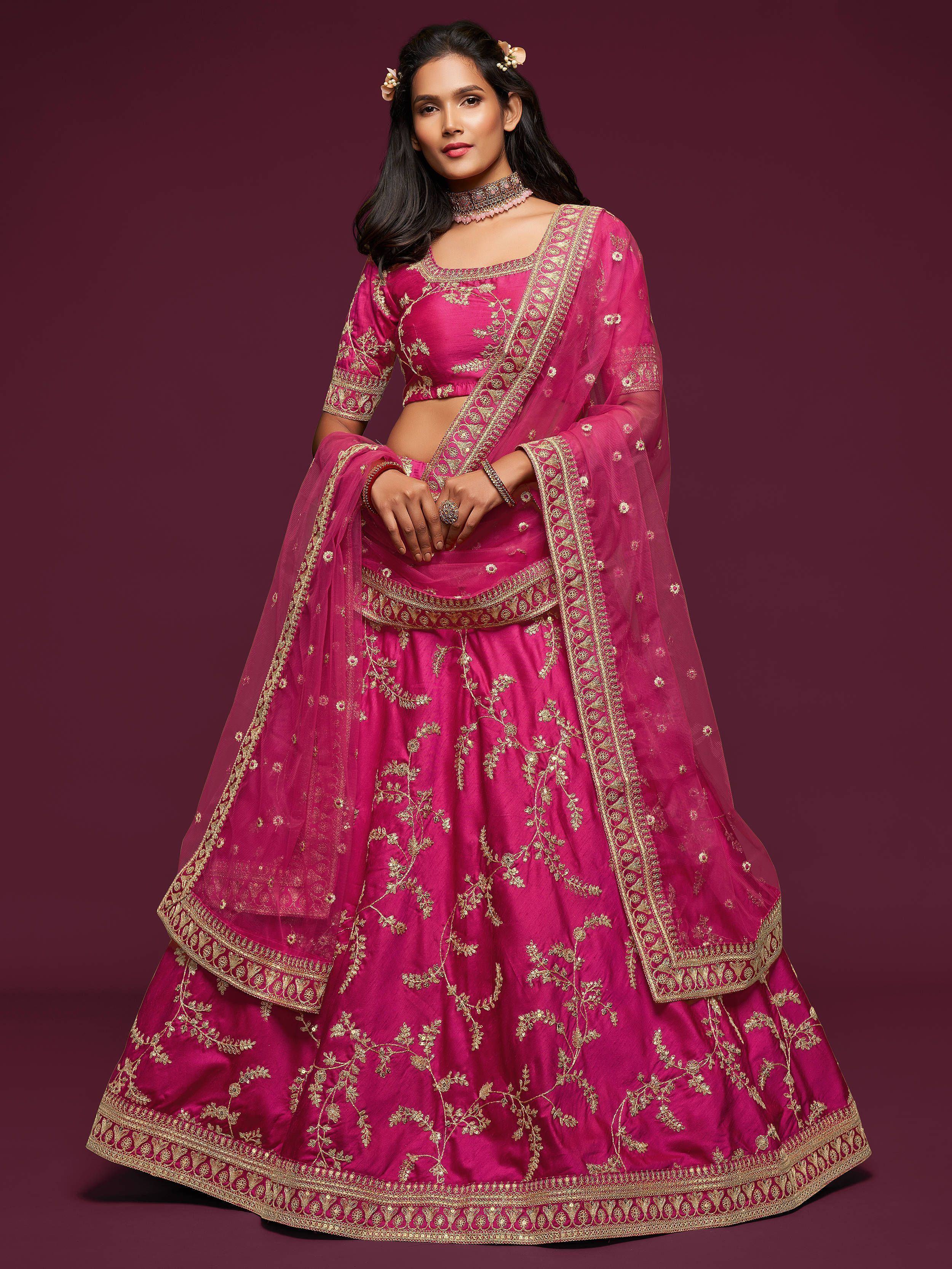 Pink Thread Embroidered Art Silk Wedding Lehenga Choli for Women