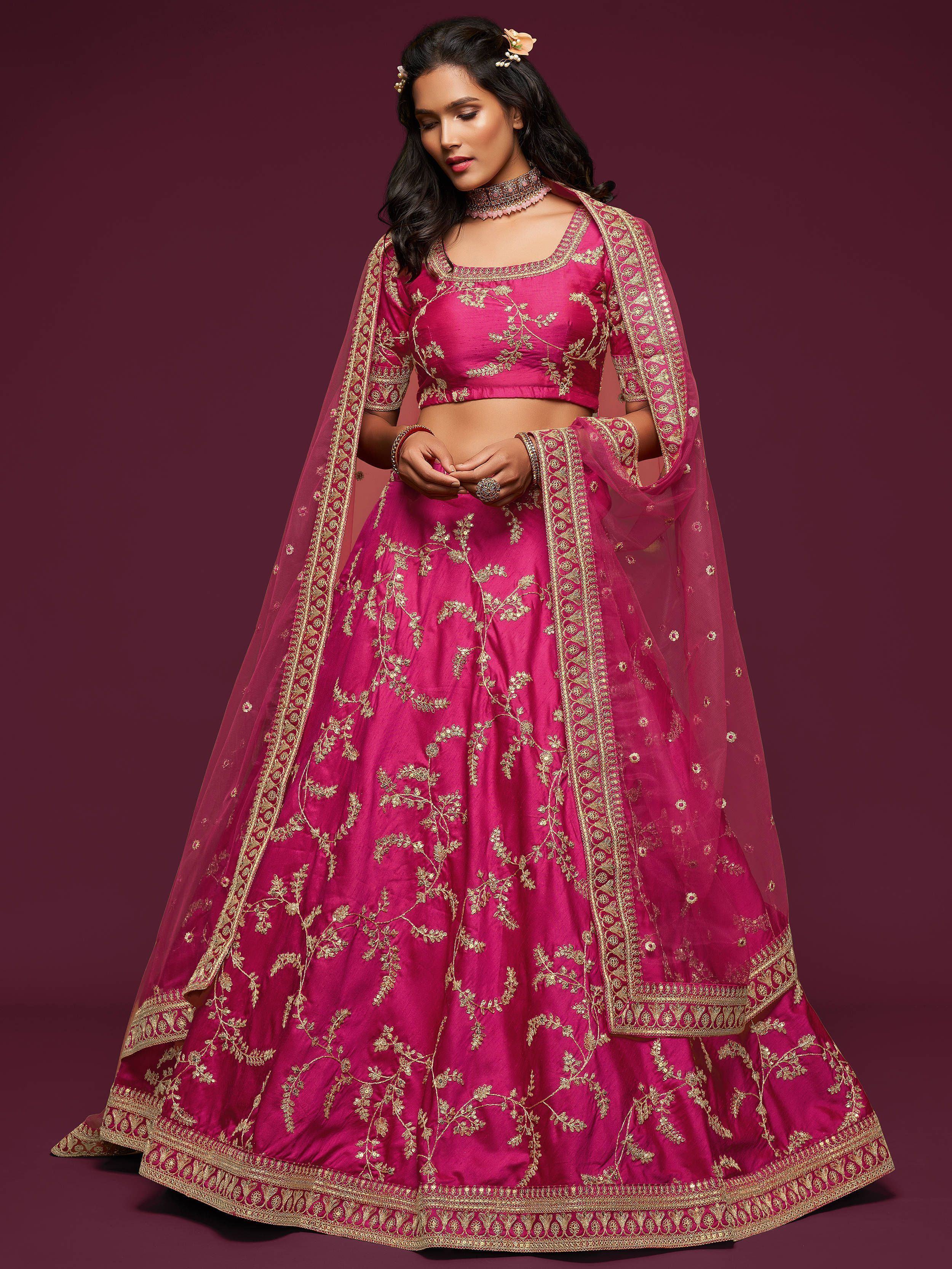 Pink Thread Embroidered Art Silk Wedding Lehenga Choli for Women