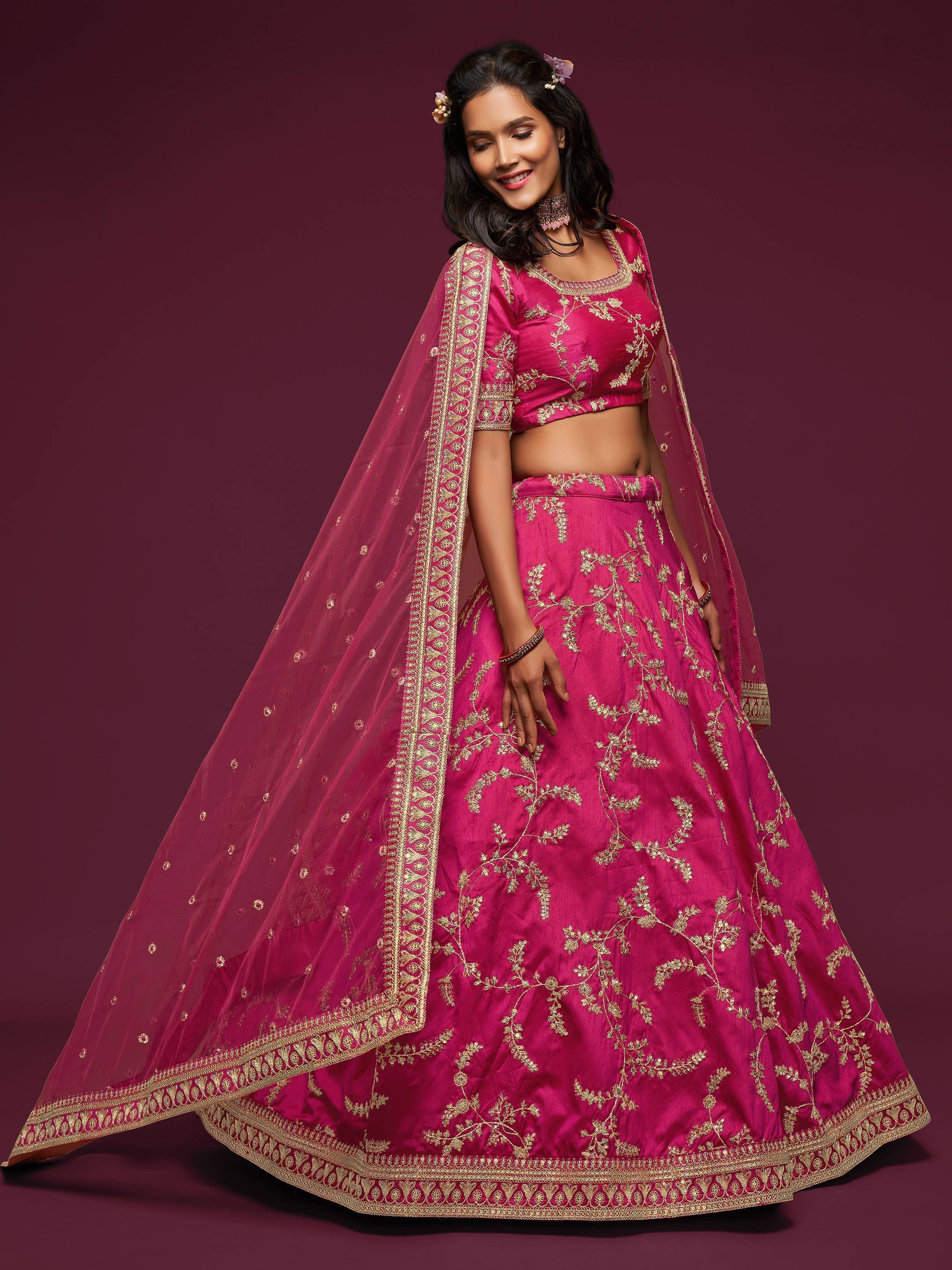 Pink Thread Embroidered Art Silk Wedding Lehenga Choli for Women