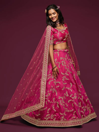 Pink Thread Embroidered Art Silk Wedding Lehenga Choli for Women