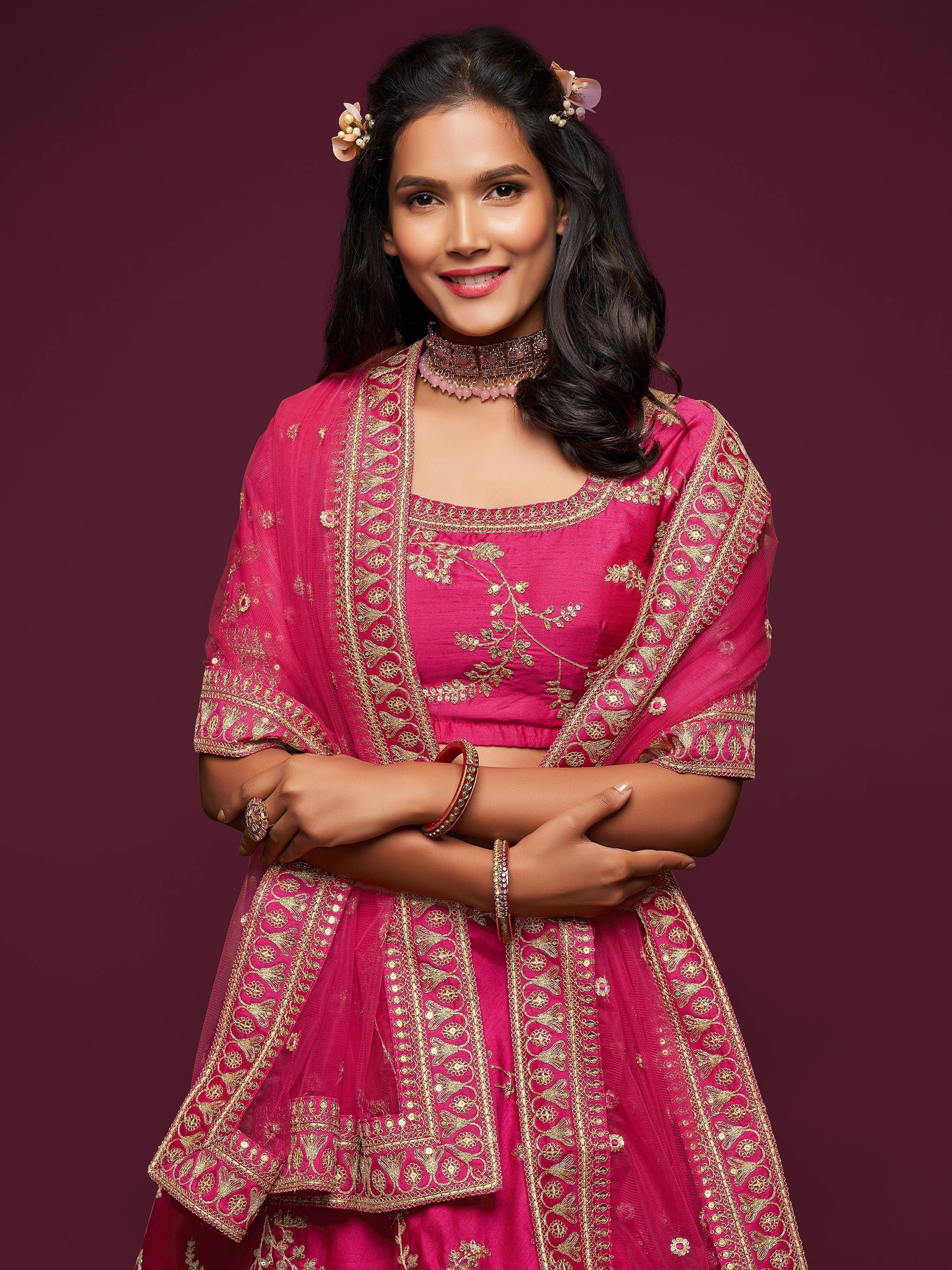 Pink Thread Embroidered Art Silk Wedding Lehenga Choli for Women