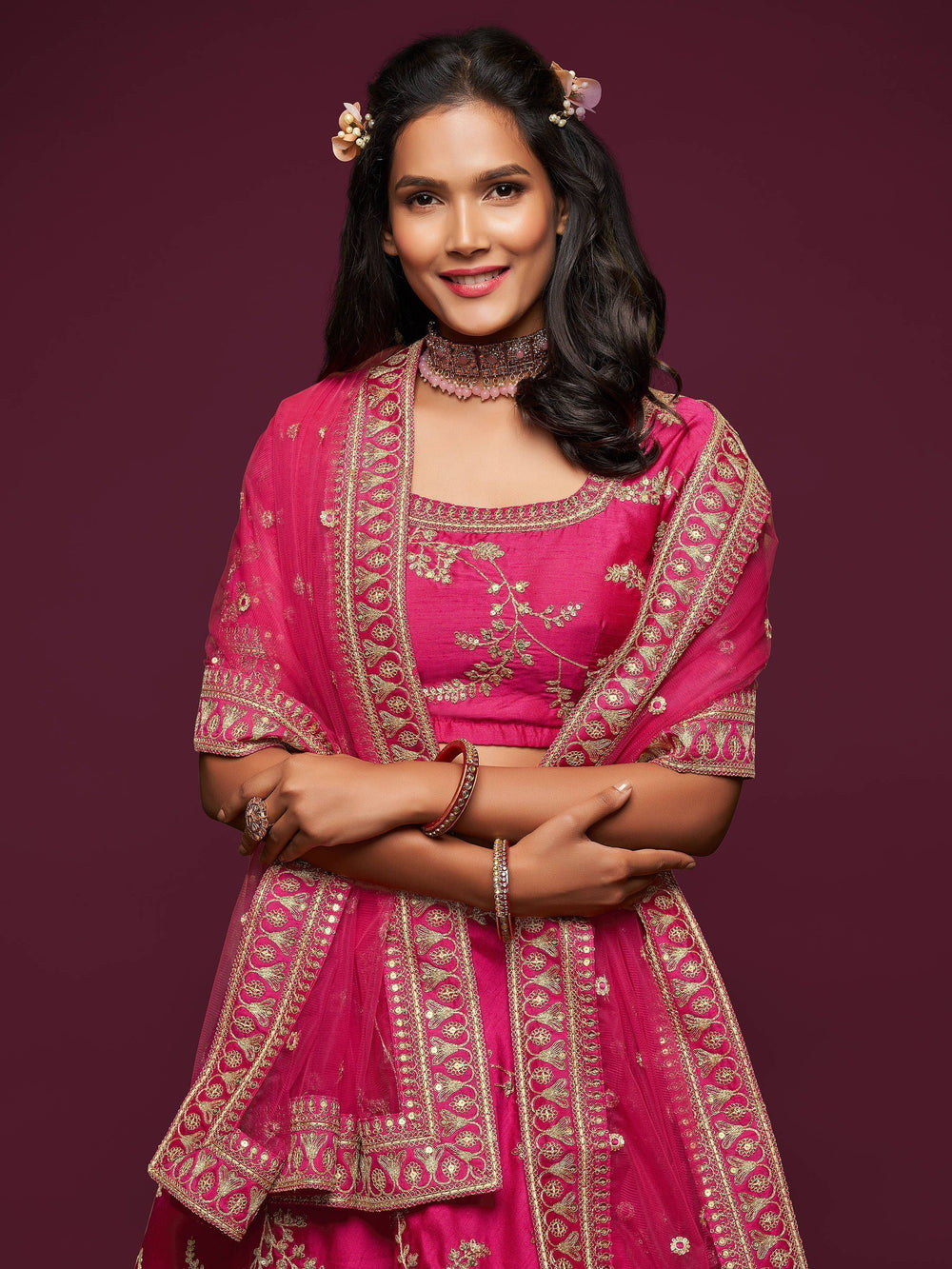 Pink Thread Embroidered Art Silk Wedding Lehenga Choli for Women
