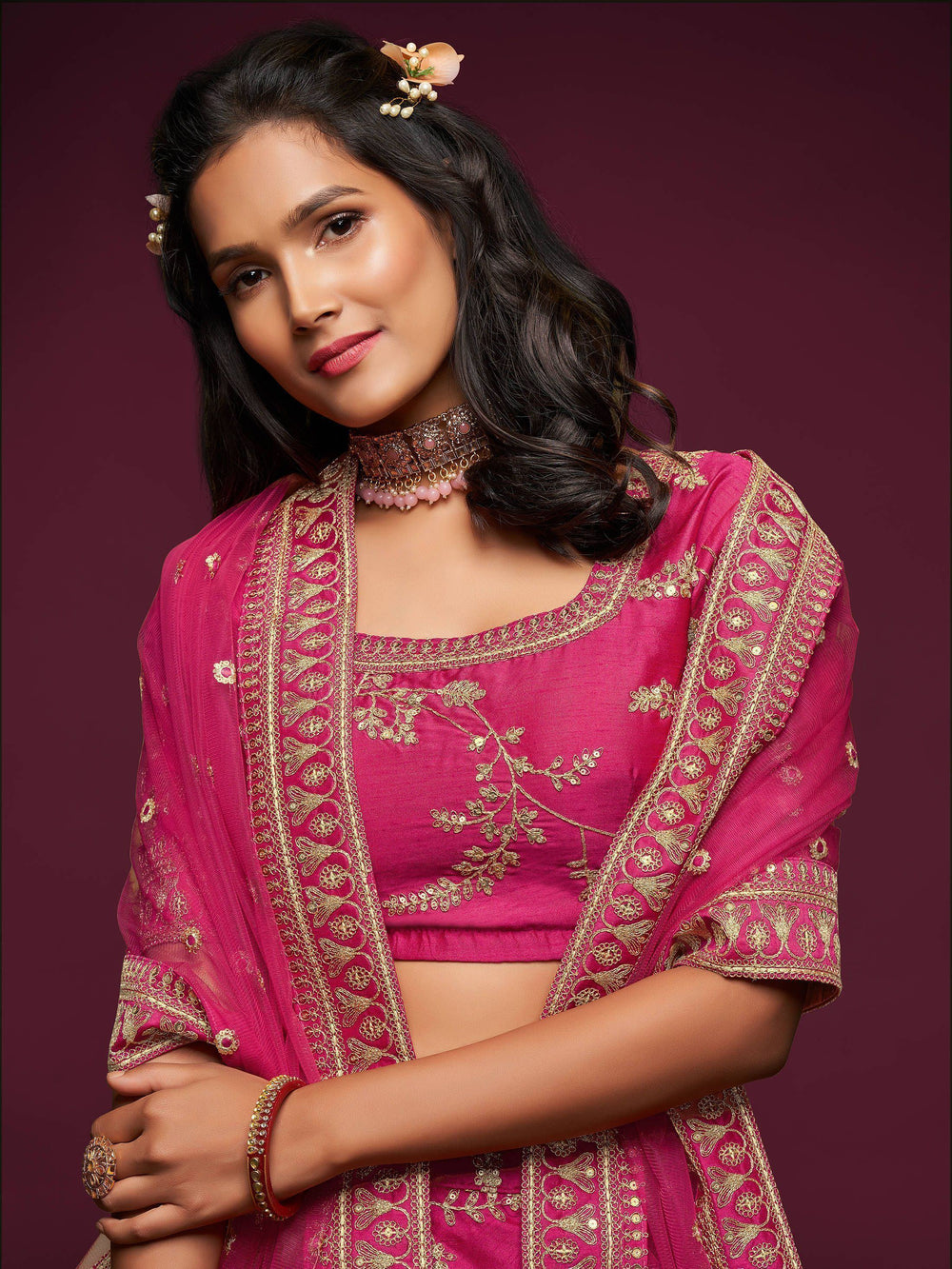 Pink Thread Embroidered Art Silk Wedding Lehenga Choli for Women