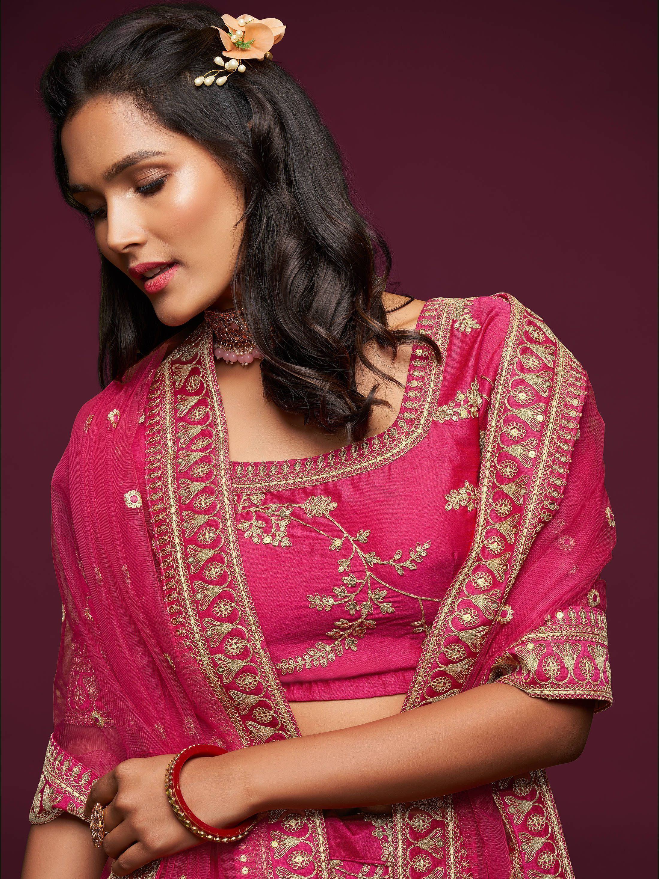Pink Thread Embroidered Art Silk Wedding Lehenga Choli for Women