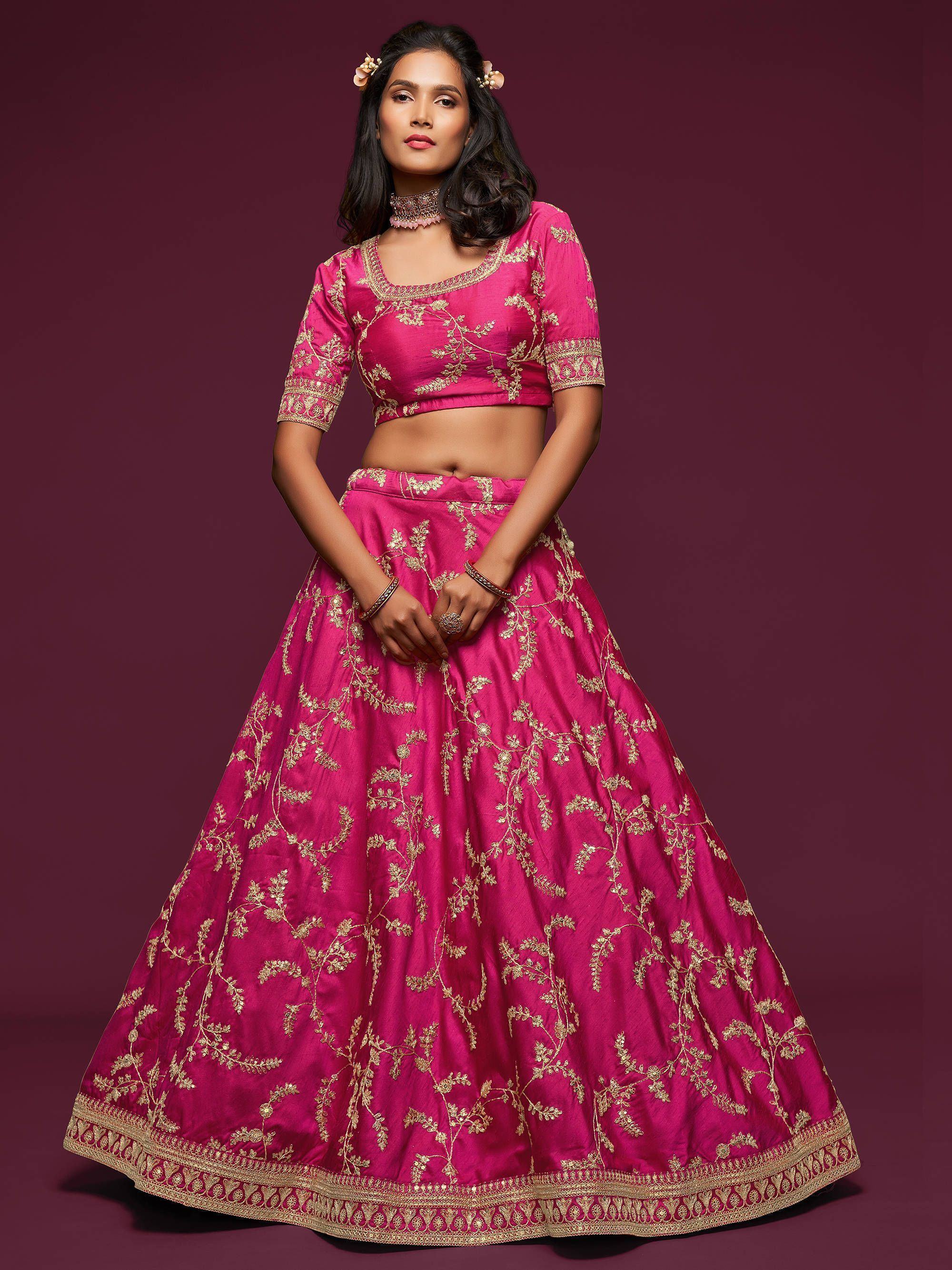 Pink Thread Embroidered Art Silk Wedding Lehenga Choli for Women
