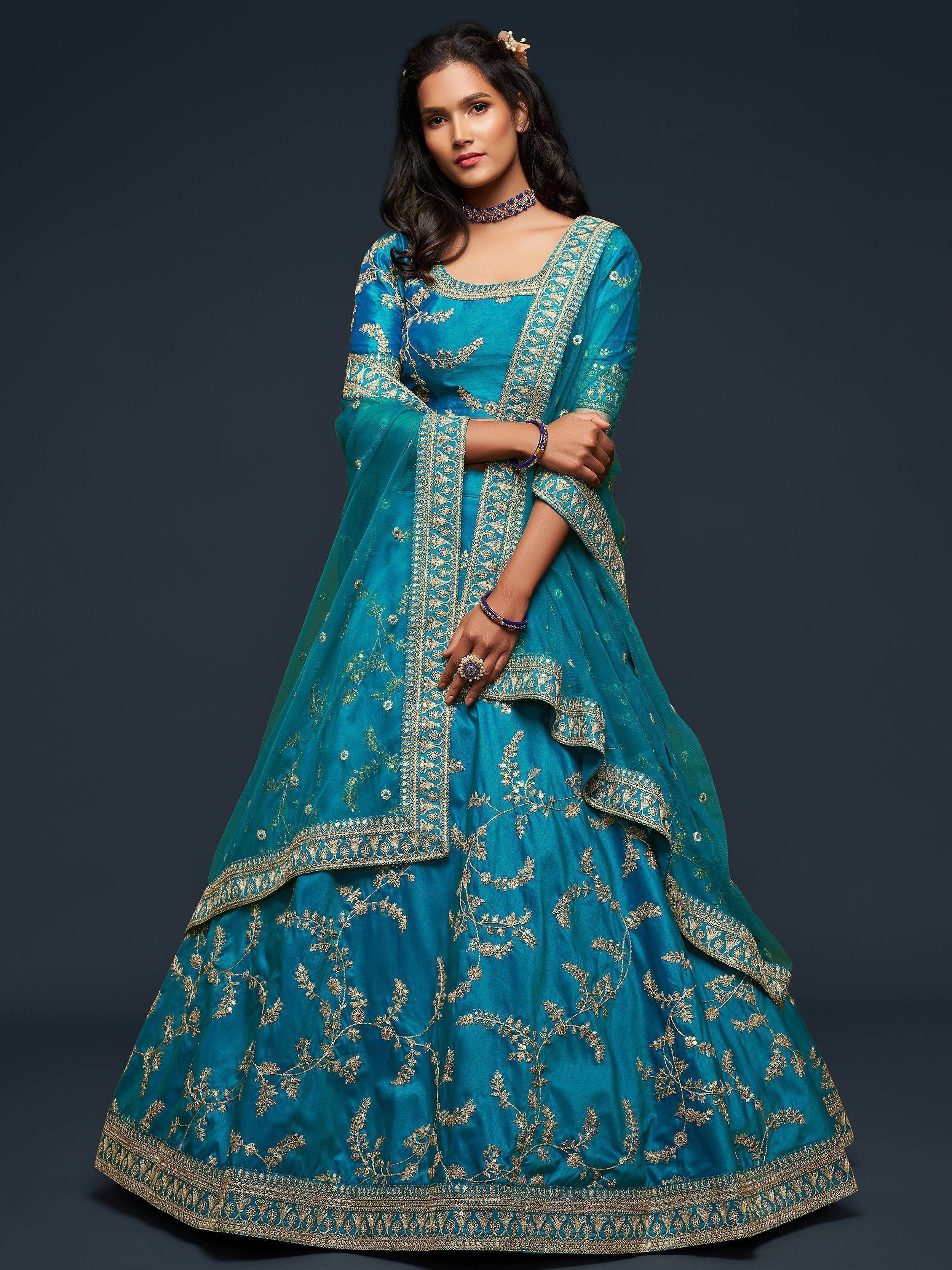 Teal Blue Thread Embroidered Art Silk Wedding Lehenga Choli for Women