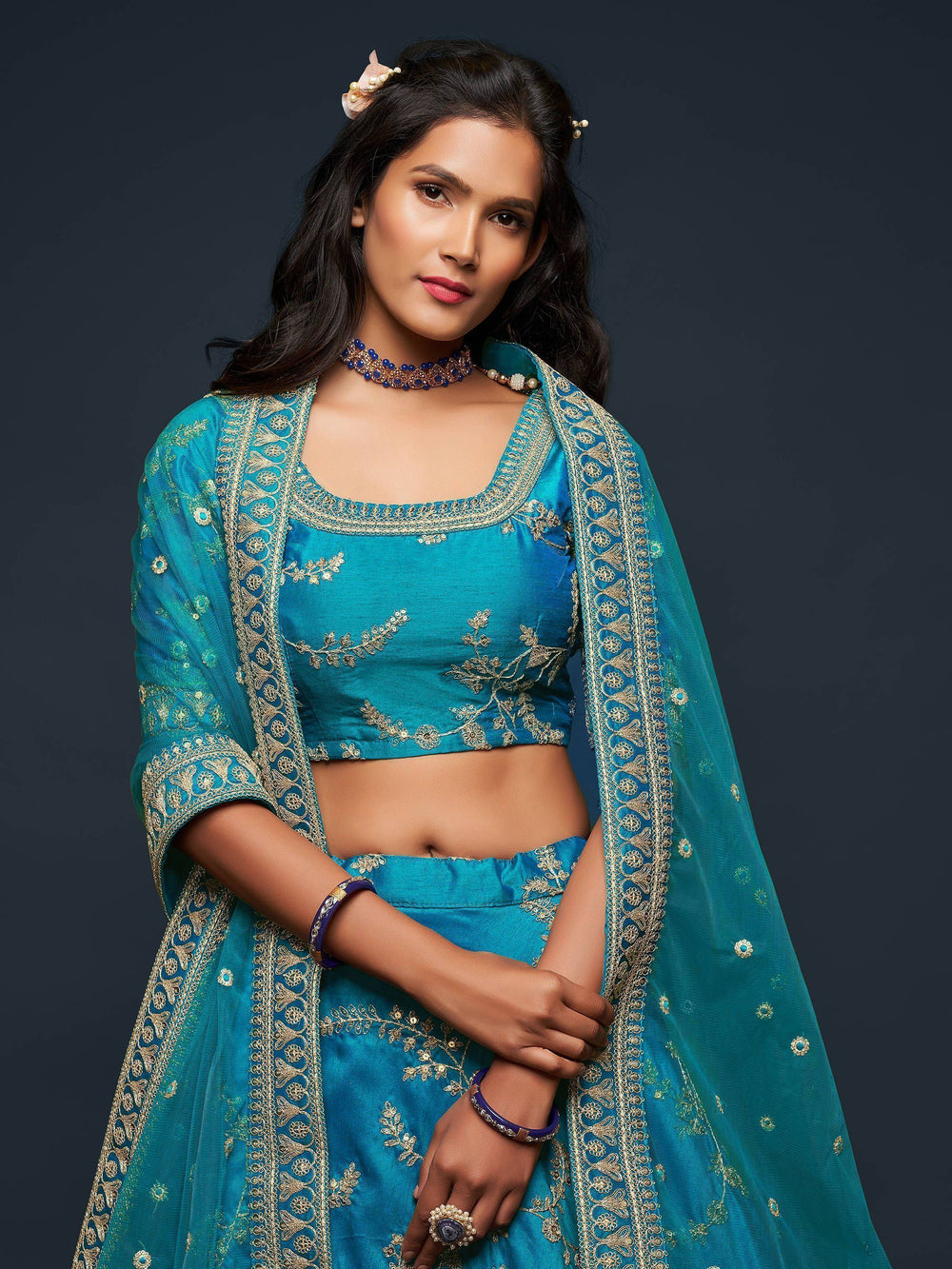Teal Blue Thread Embroidered Art Silk Wedding Lehenga Choli for Women