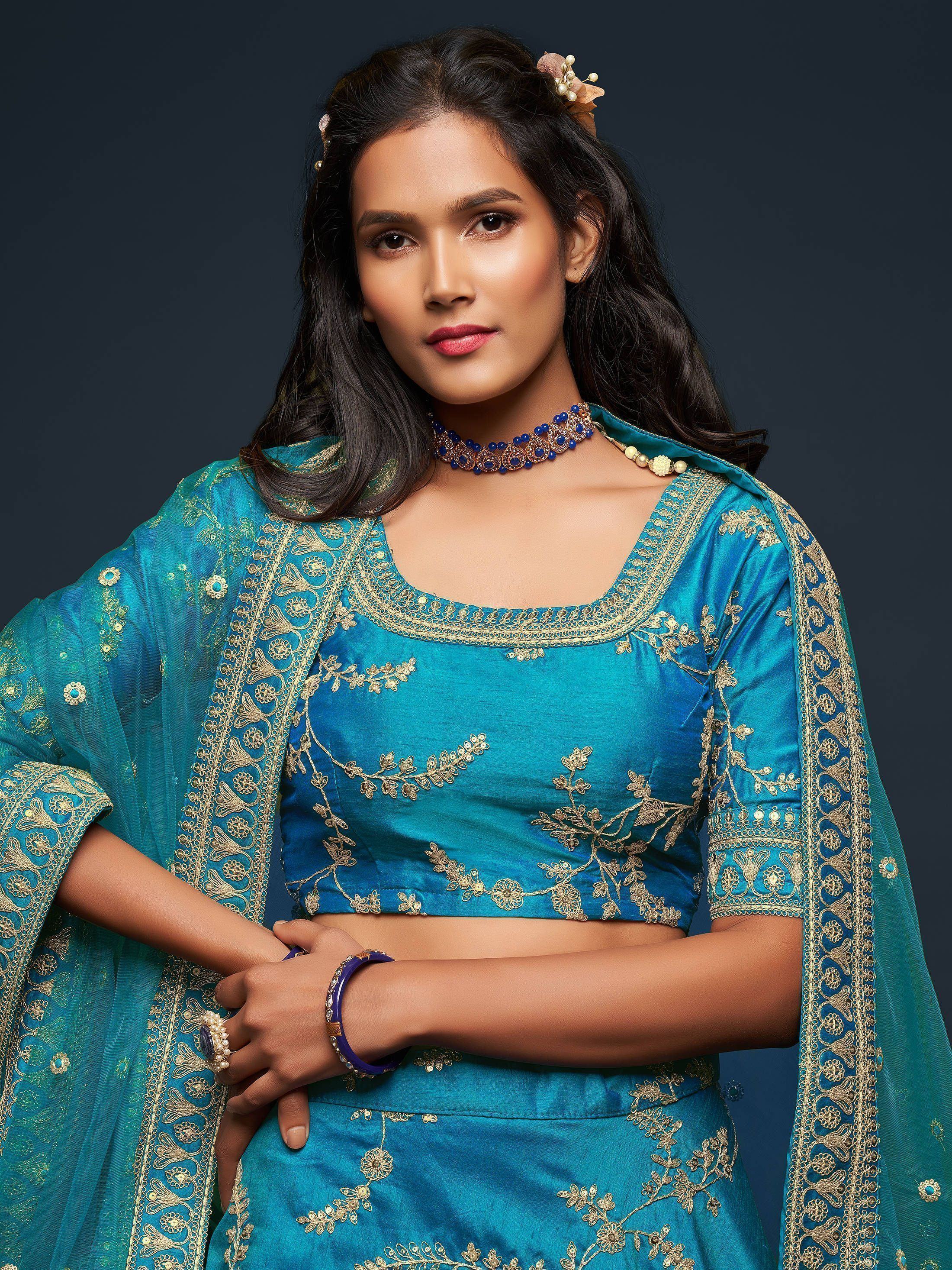 Teal Blue Thread Embroidered Art Silk Wedding Lehenga Choli for Women