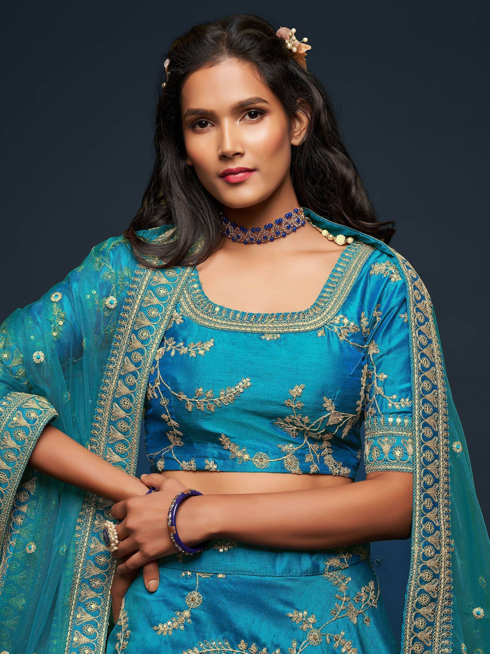 Teal Blue Thread Embroidered Art Silk Wedding Lehenga Choli for Women