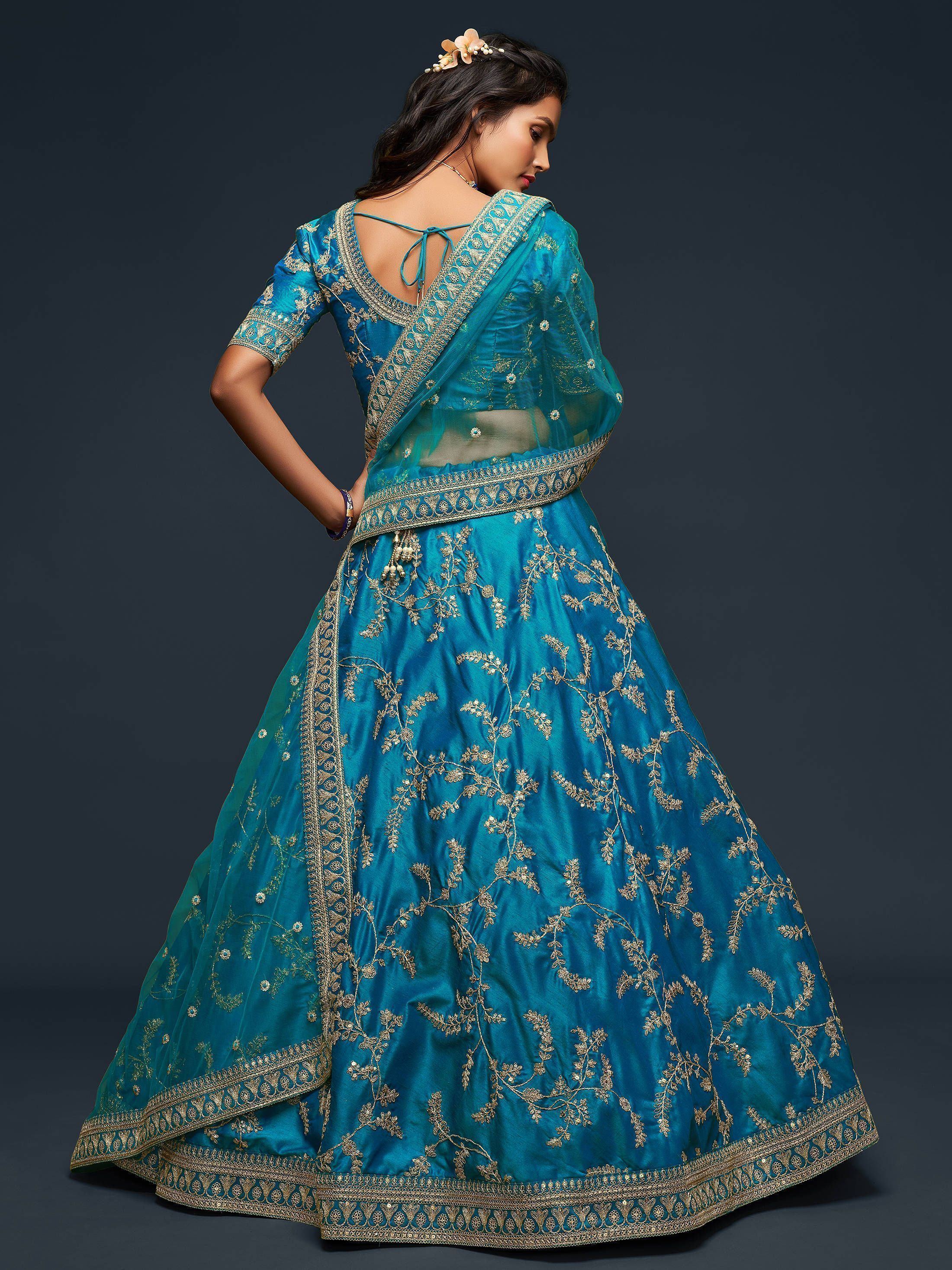 Teal Blue Thread Embroidered Art Silk Wedding Lehenga Choli for Women