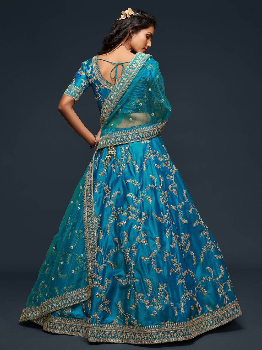 Teal Blue Thread Embroidered Art Silk Wedding Lehenga Choli for Women