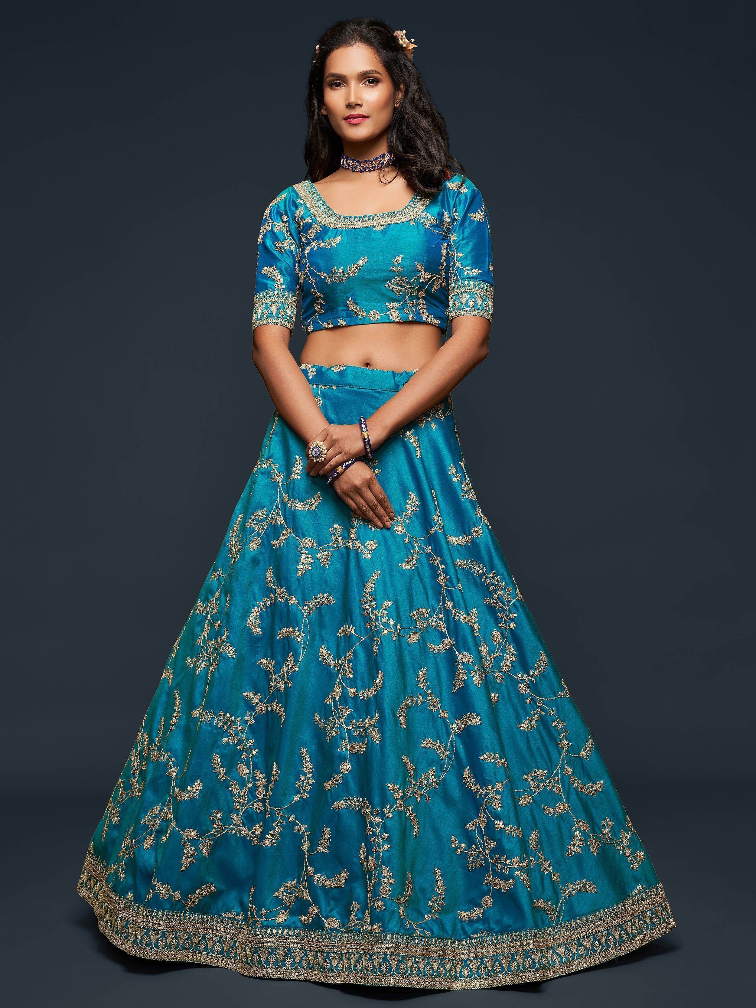 Teal Blue Thread Embroidered Art Silk Wedding Lehenga Choli for Women