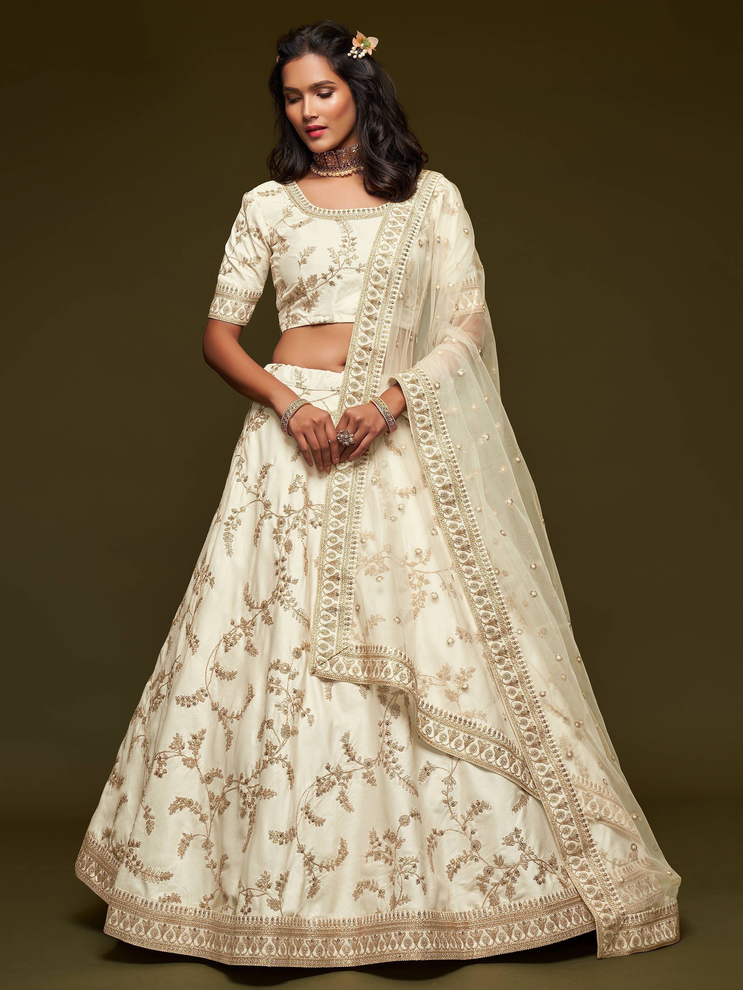 White Thread Embroidered Art Silk Wedding Lehenga Choli for Ladies