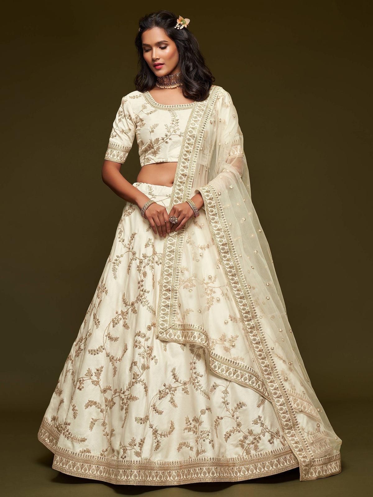 White Thread Embroidered Art Silk Wedding Lehenga Choli for Ladies