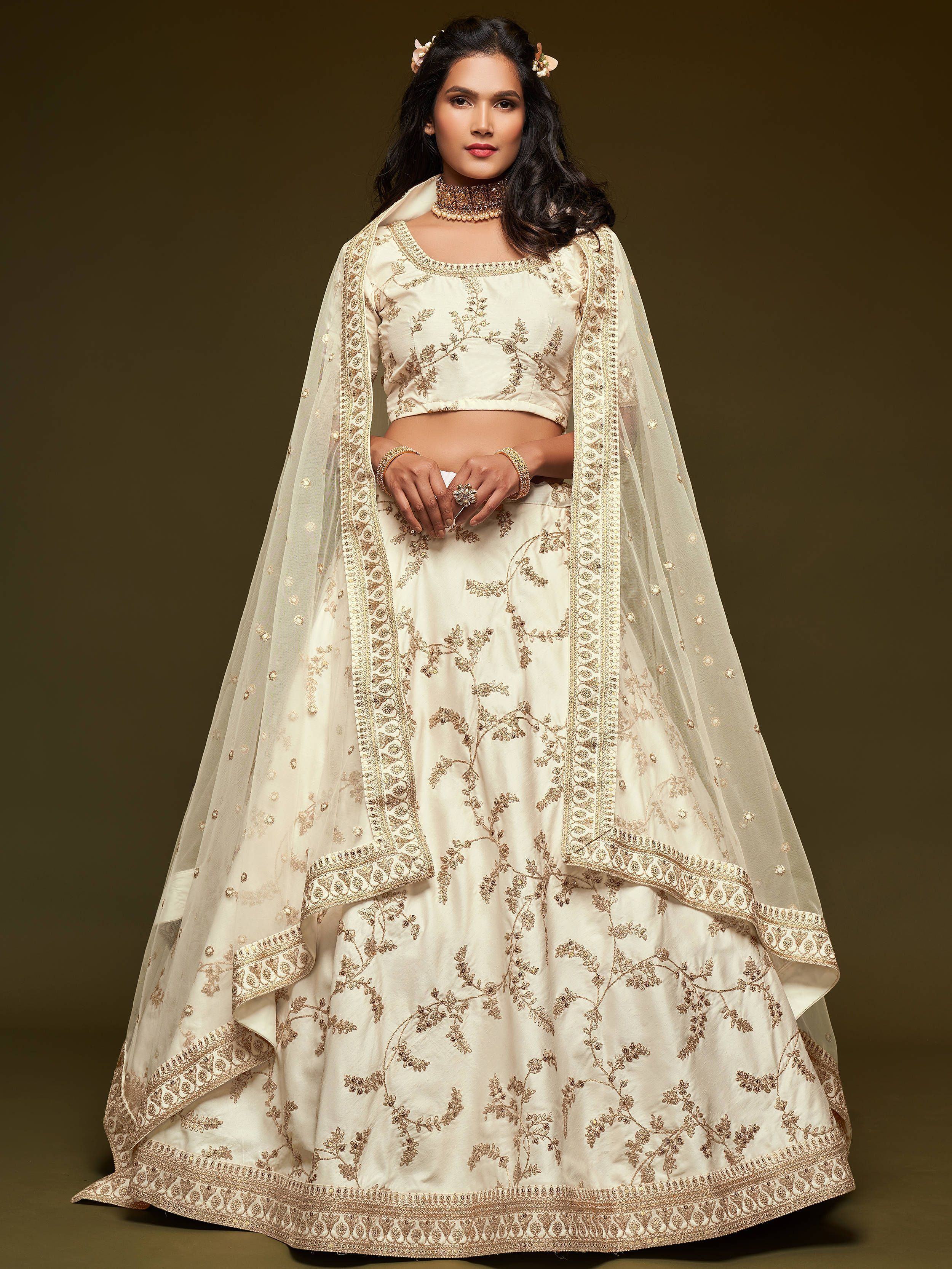White Thread Embroidered Art Silk Wedding Lehenga Choli for Ladies