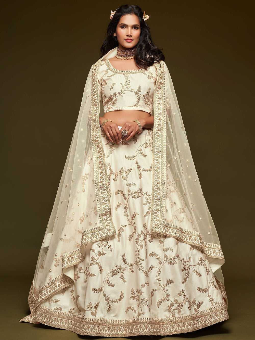 White Thread Embroidered Art Silk Wedding Lehenga Choli for Ladies