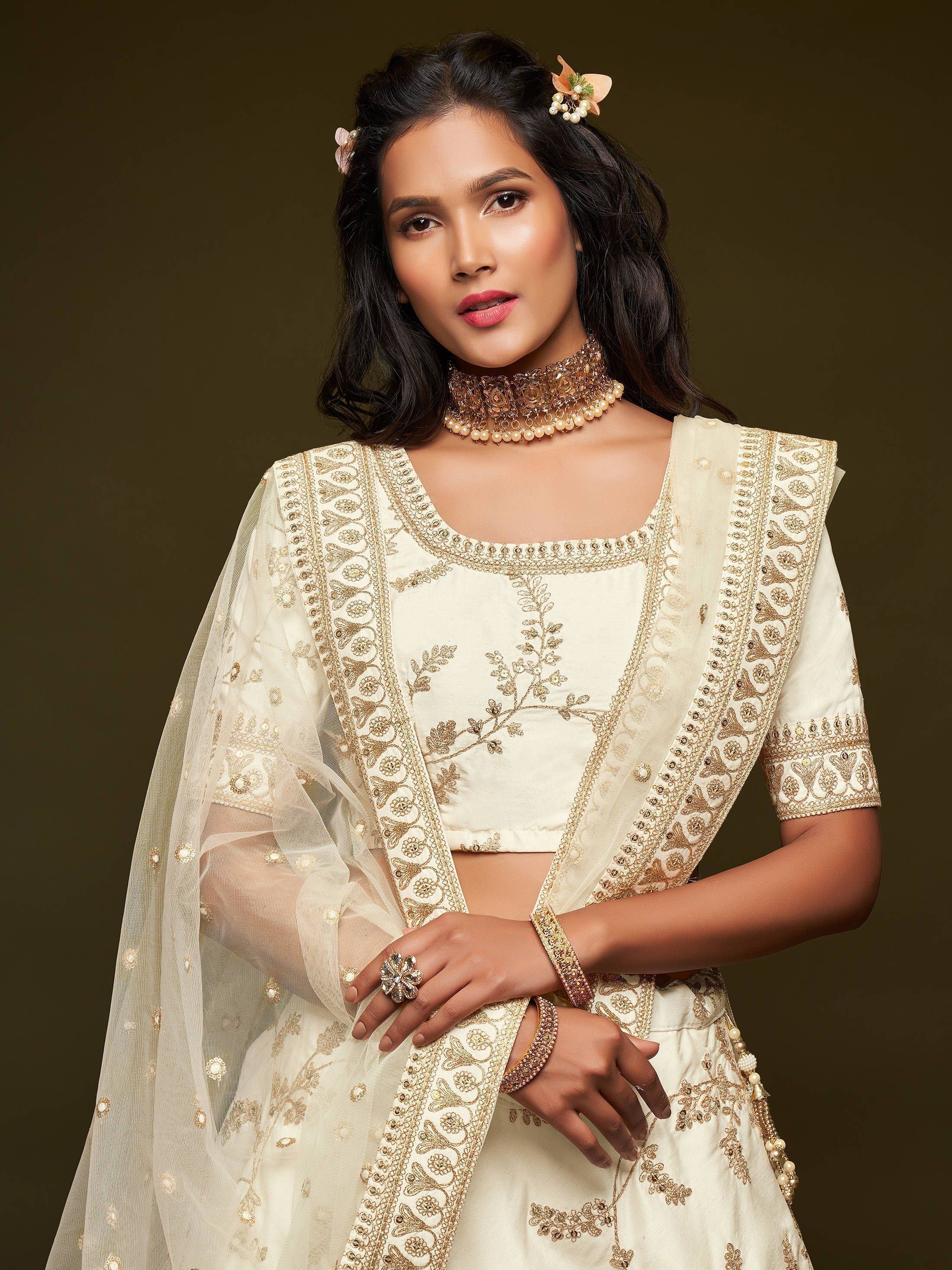 White Thread Embroidered Art Silk Wedding Lehenga Choli for Ladies