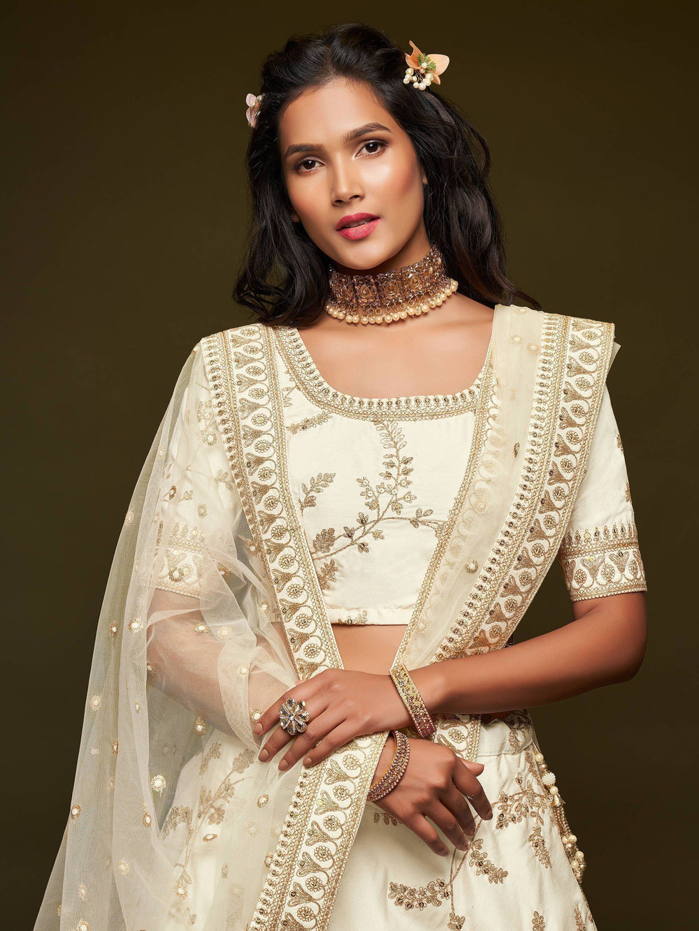 White Thread Embroidered Art Silk Wedding Lehenga Choli for Ladies