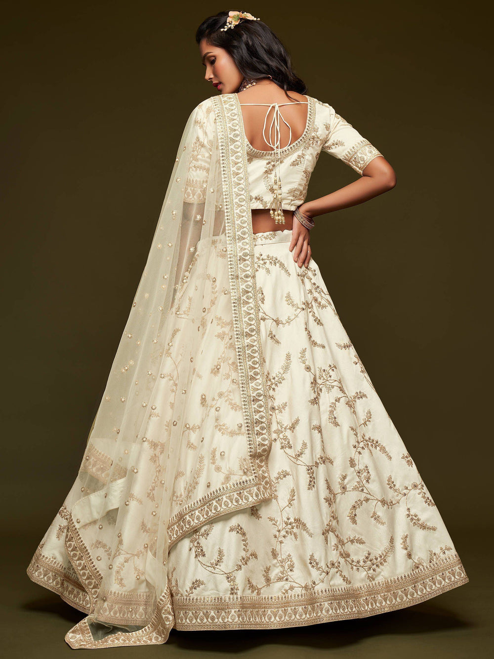 White Thread Embroidered Art Silk Wedding Lehenga Choli for Ladies