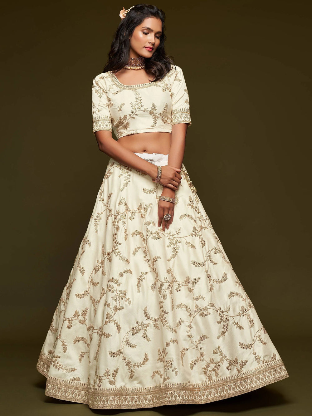 White Thread Embroidered Art Silk Wedding Lehenga Choli for Ladies