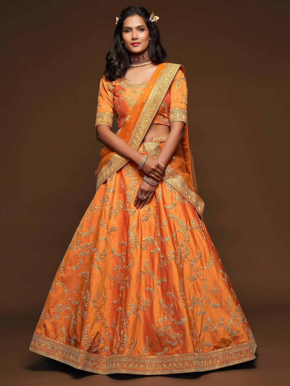 Orange Thread Embroidered Art Silk Wedding Lehenga Choli for Women