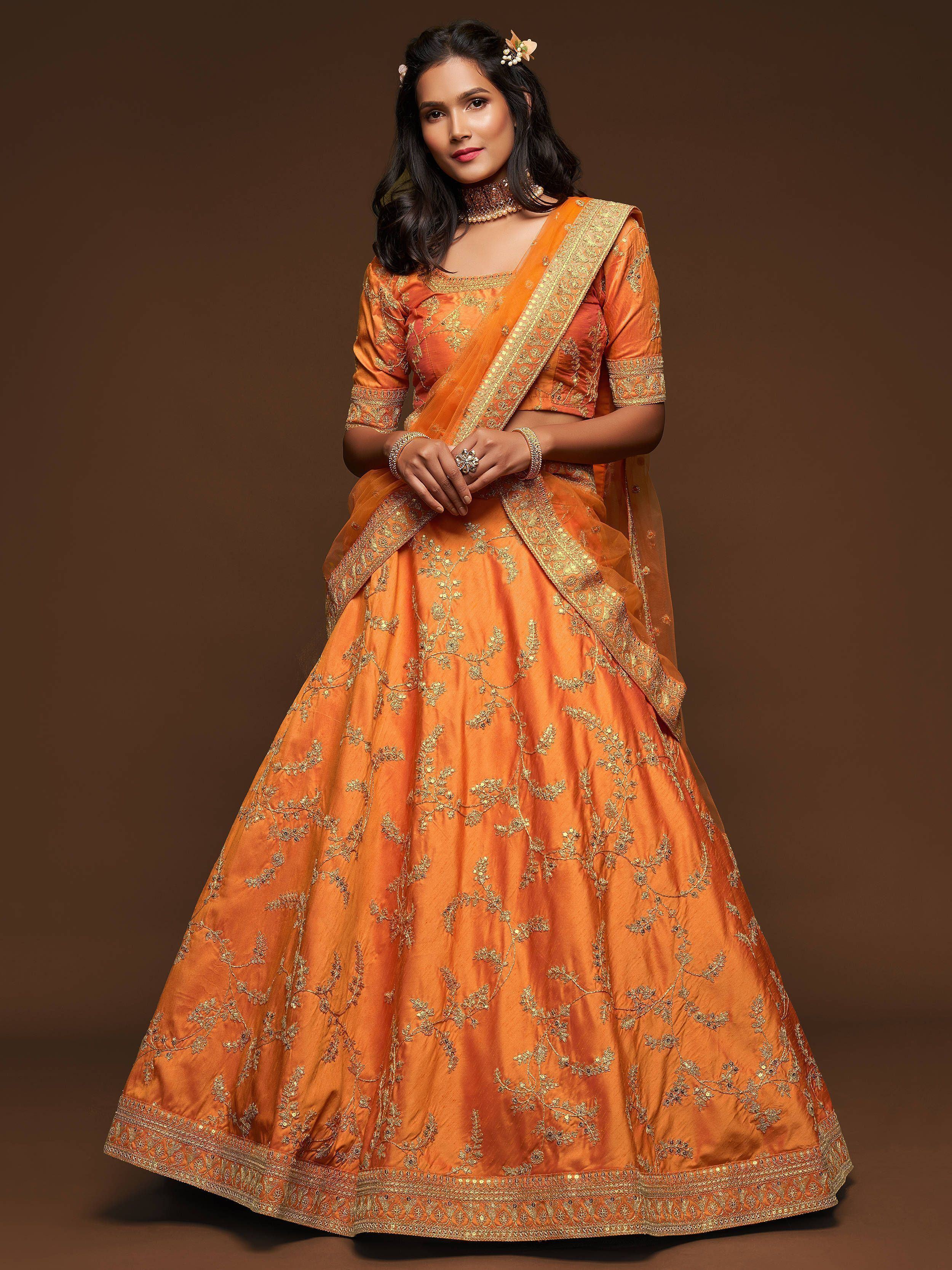 Orange Thread Embroidered Art Silk Wedding Lehenga Choli for Women