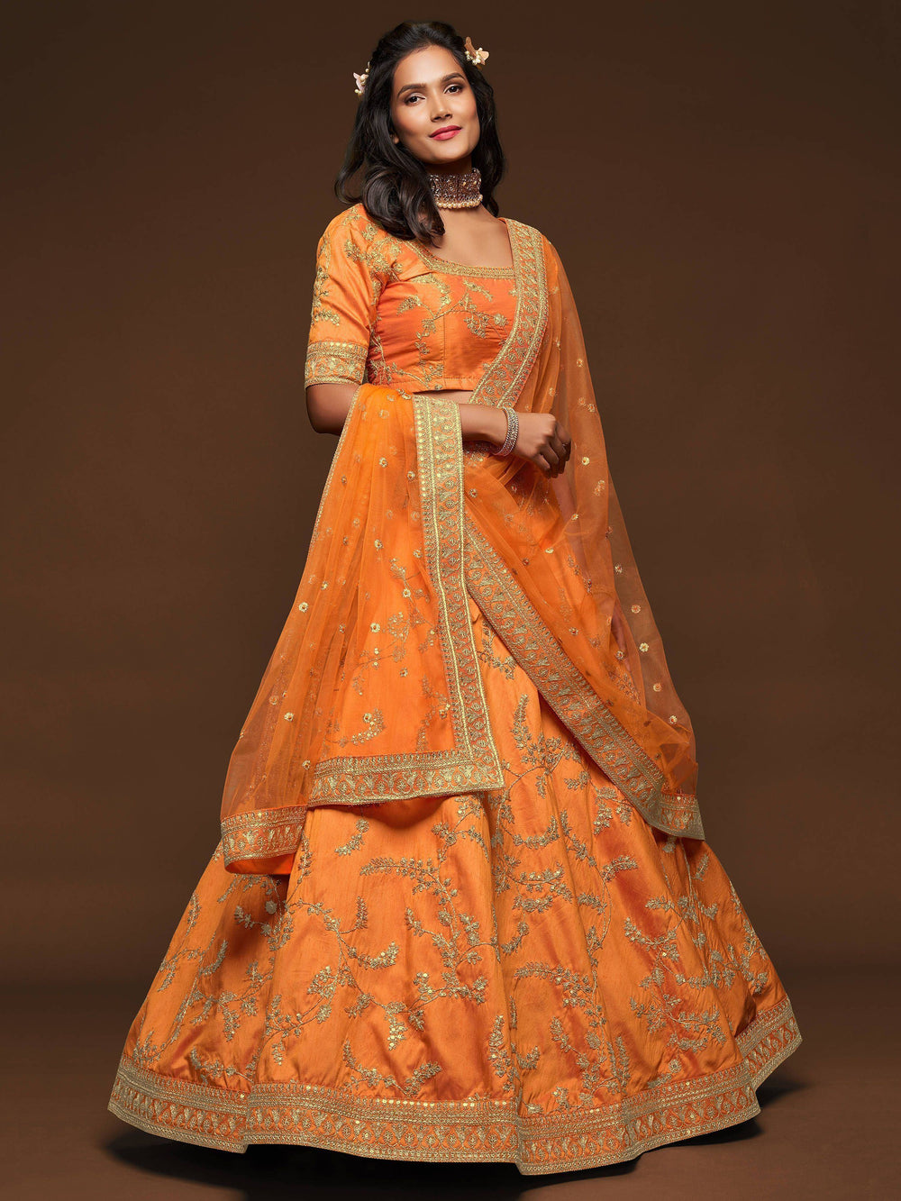 Orange Thread Embroidered Art Silk Wedding Lehenga Choli for Women