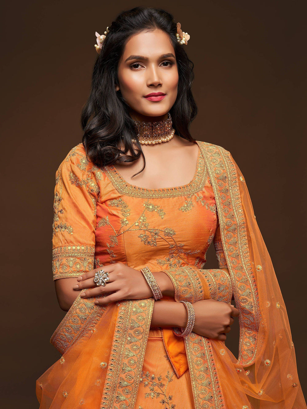 Orange Thread Embroidered Art Silk Wedding Lehenga Choli for Women