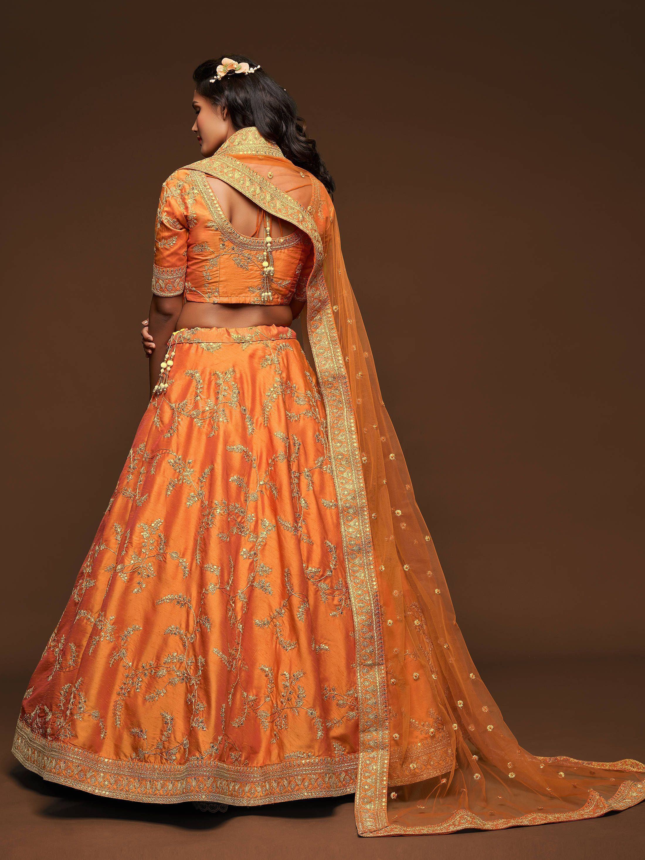 Orange Thread Embroidered Art Silk Wedding Lehenga Choli for Women