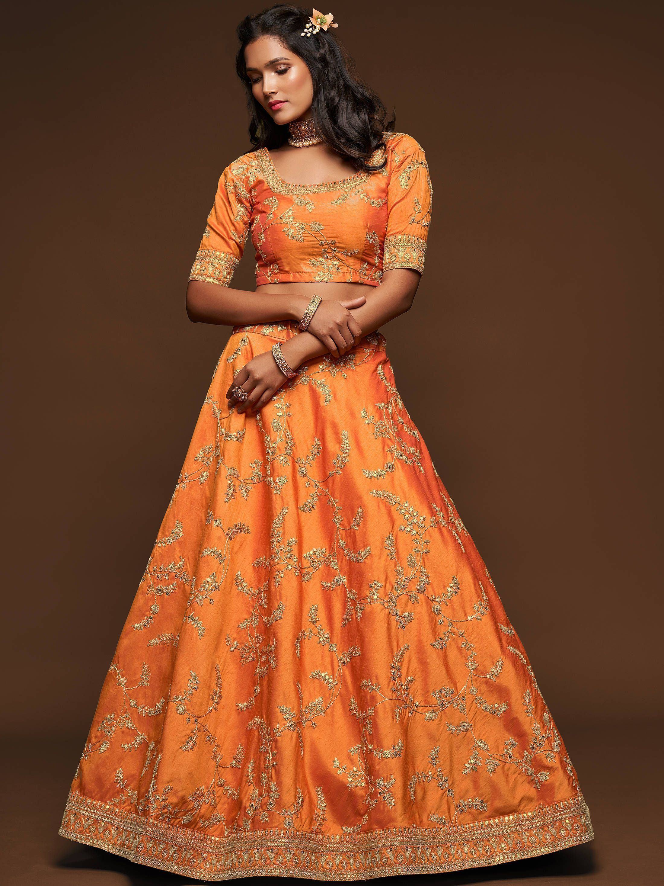Orange Thread Embroidered Art Silk Wedding Lehenga Choli for Women