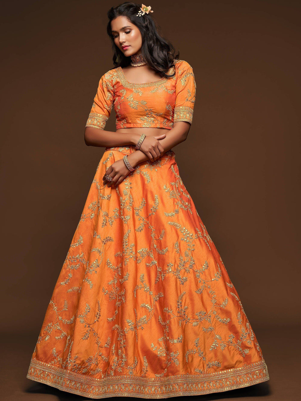 Orange Thread Embroidered Art Silk Wedding Lehenga Choli for Women