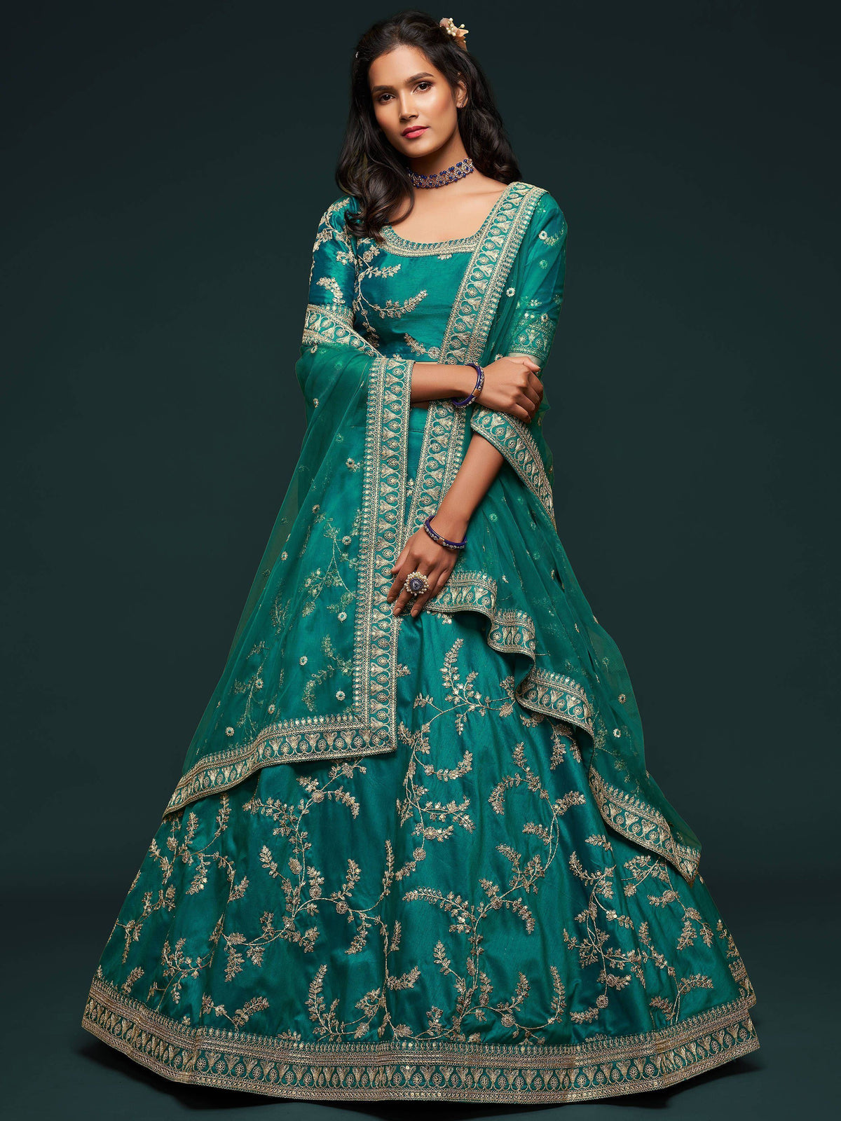 Green Thread Embroidered Art Silk Wedding Lehenga Choli for Women