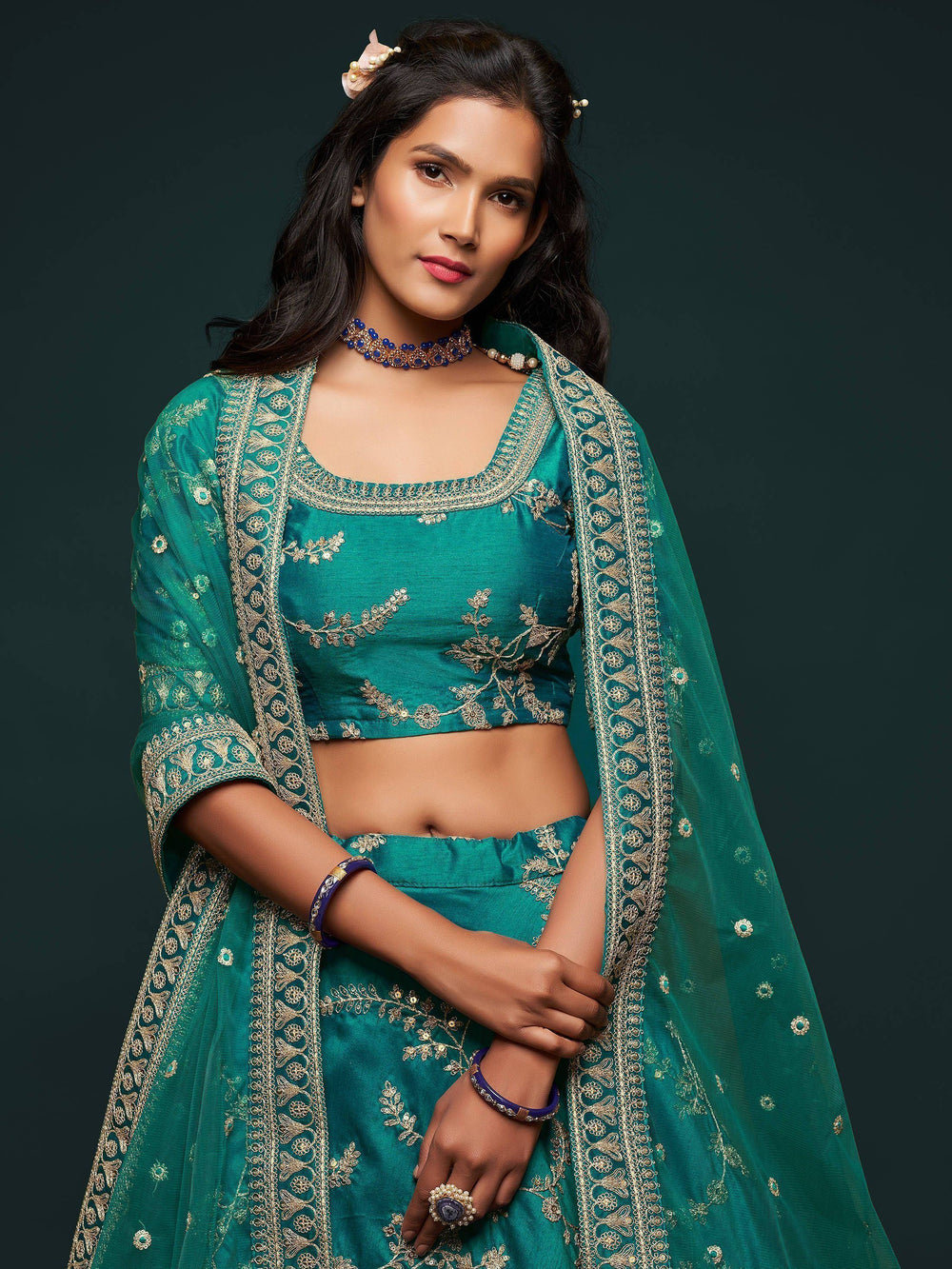 Green Thread Embroidered Art Silk Wedding Lehenga Choli for Women