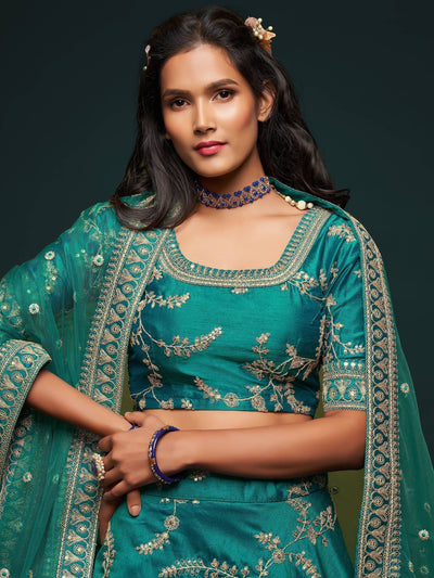 Green Thread Embroidered Art Silk Wedding Lehenga Choli for Women
