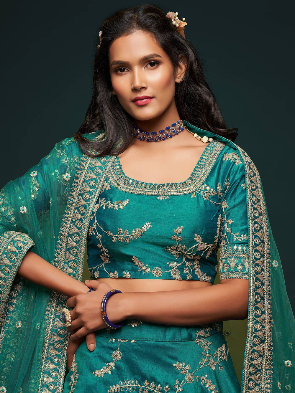 Green Thread Embroidered Art Silk Wedding Lehenga Choli for Women
