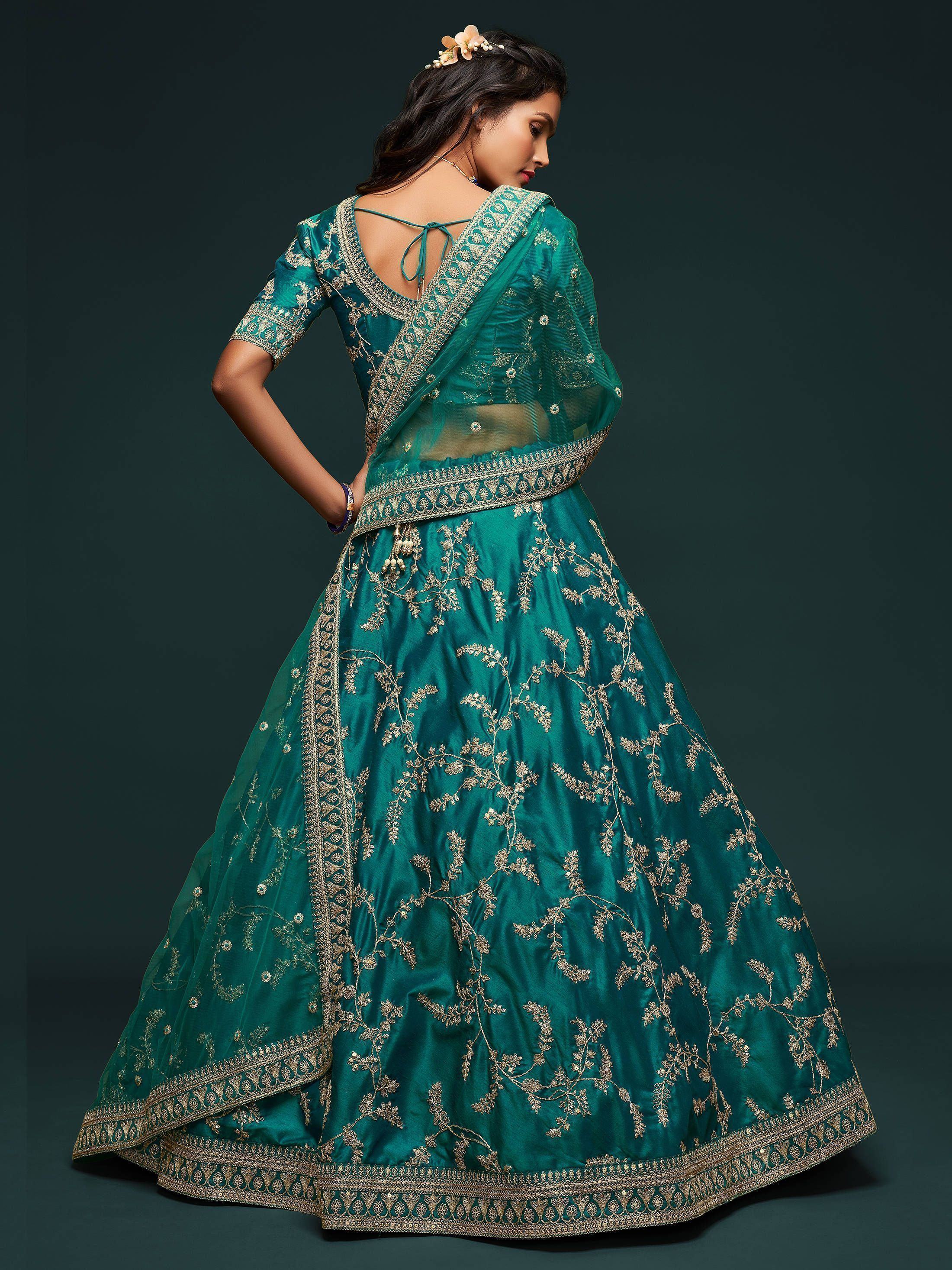 Green Thread Embroidered Art Silk Wedding Lehenga Choli for Women
