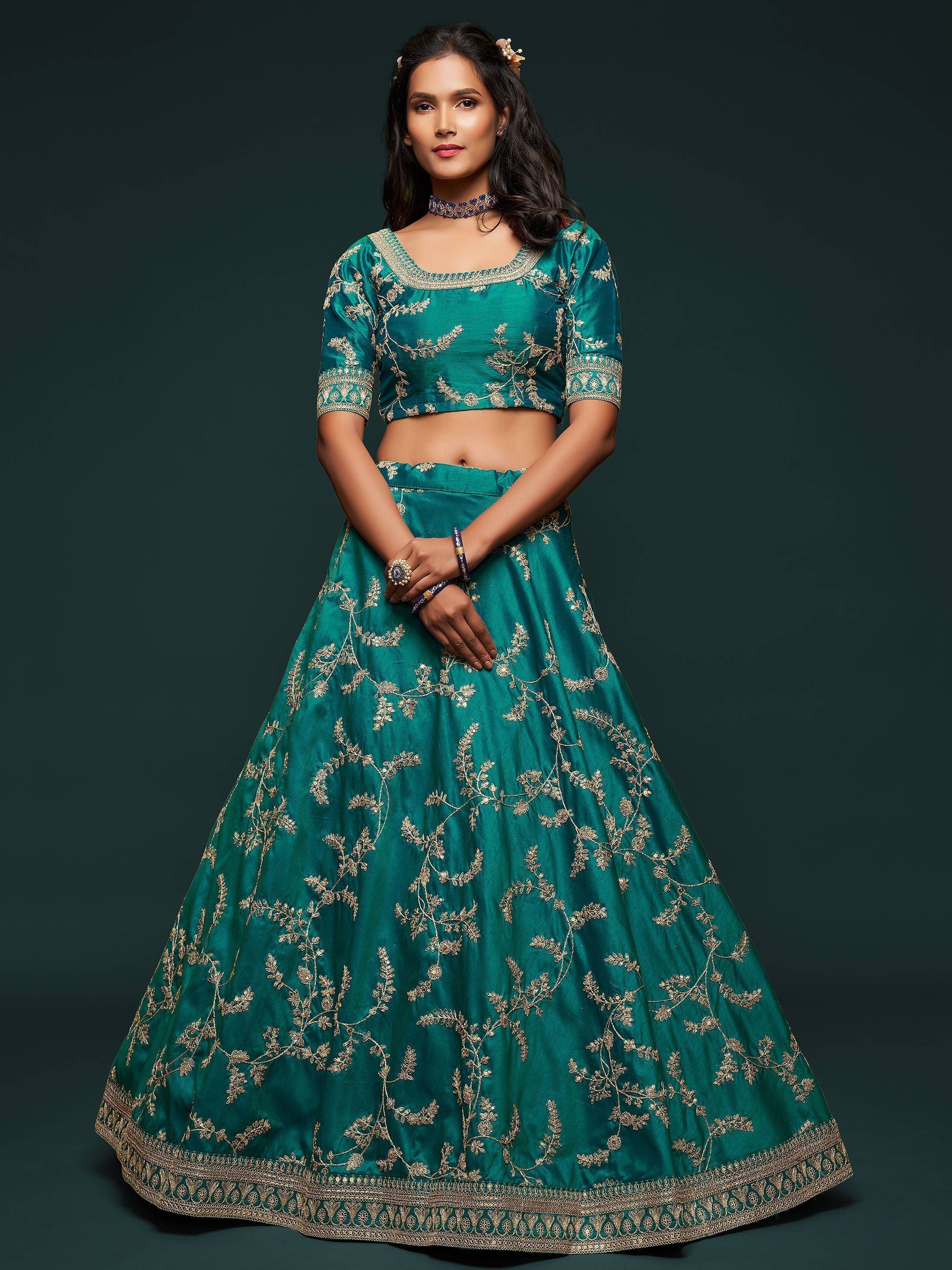 Green Thread Embroidered Art Silk Wedding Lehenga Choli for Women