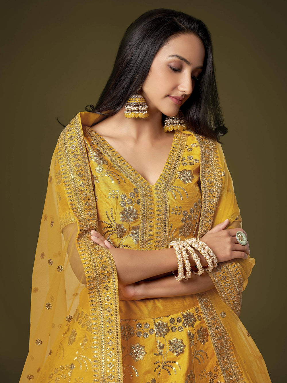 Yellow Sequins Embroidered Slub Silk Festival Wear Lehenga Choli