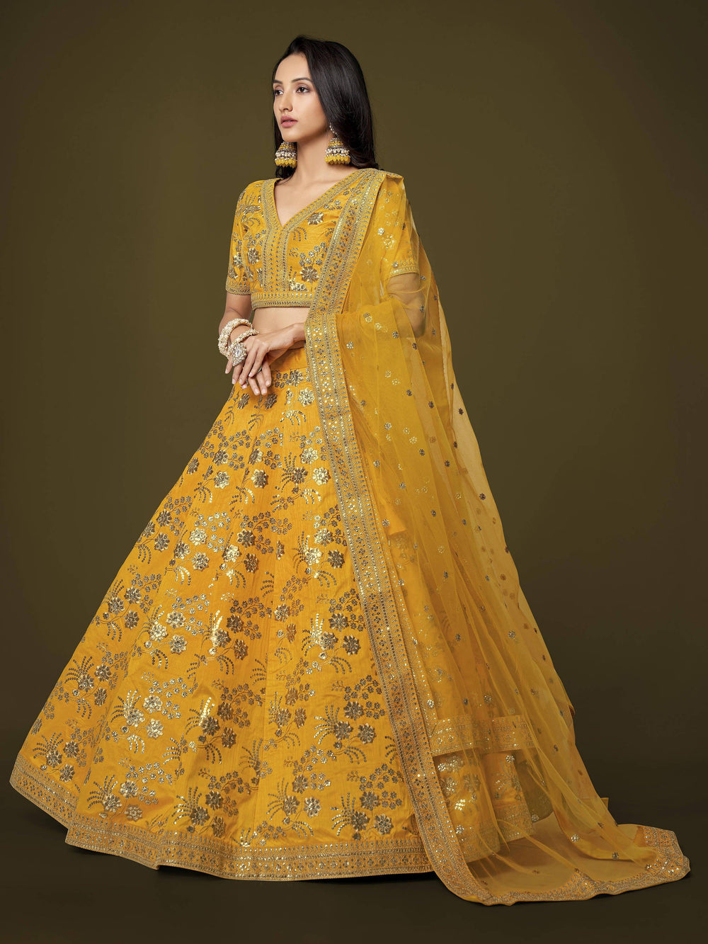 Yellow Sequins Embroidered Slub Silk Festival Wear Lehenga Choli