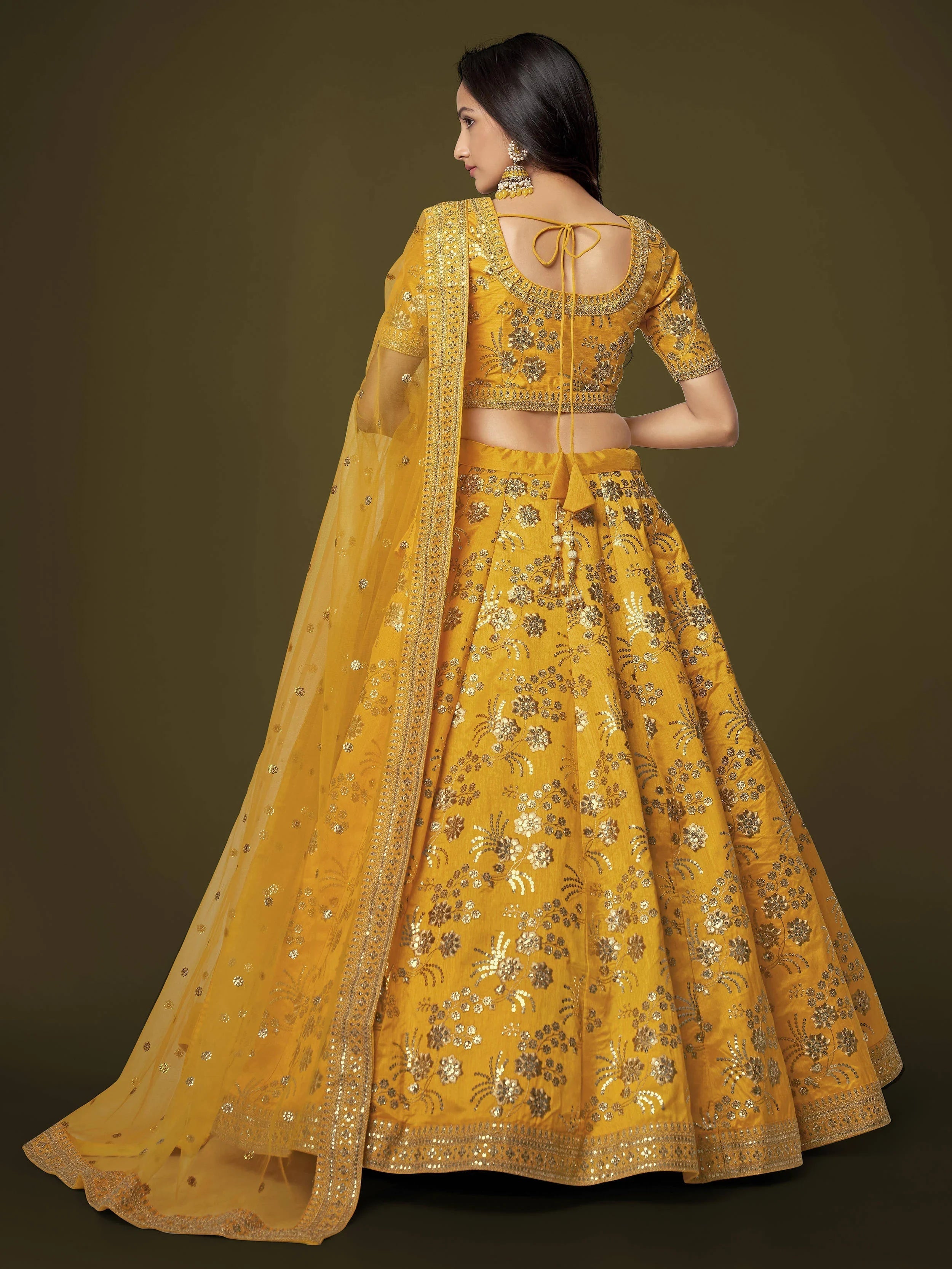 Yellow Sequins Embroidered Slub Silk Festival Wear Lehenga Choli