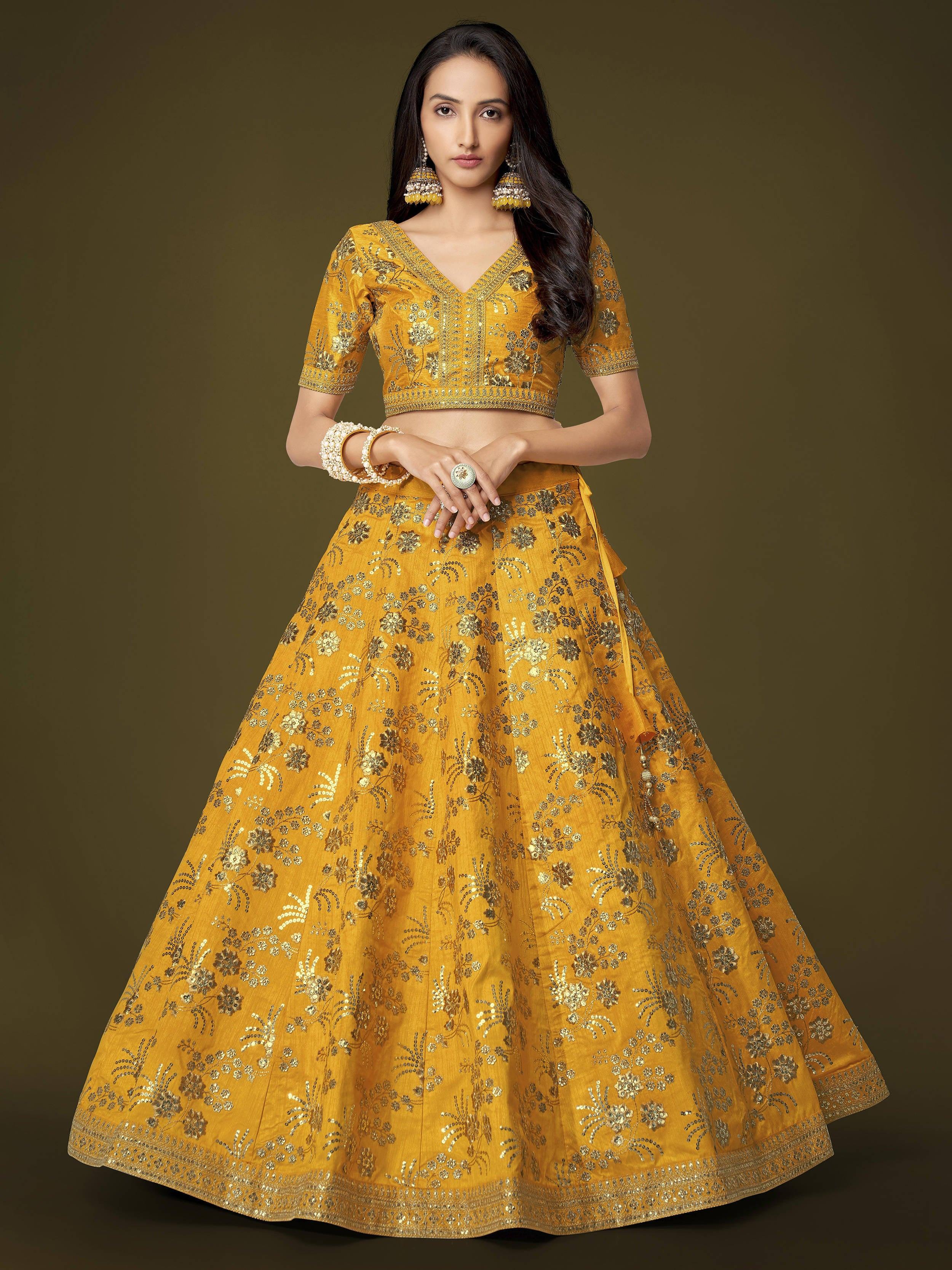 Yellow Sequins Embroidered Slub Silk Festival Wear Lehenga Choli