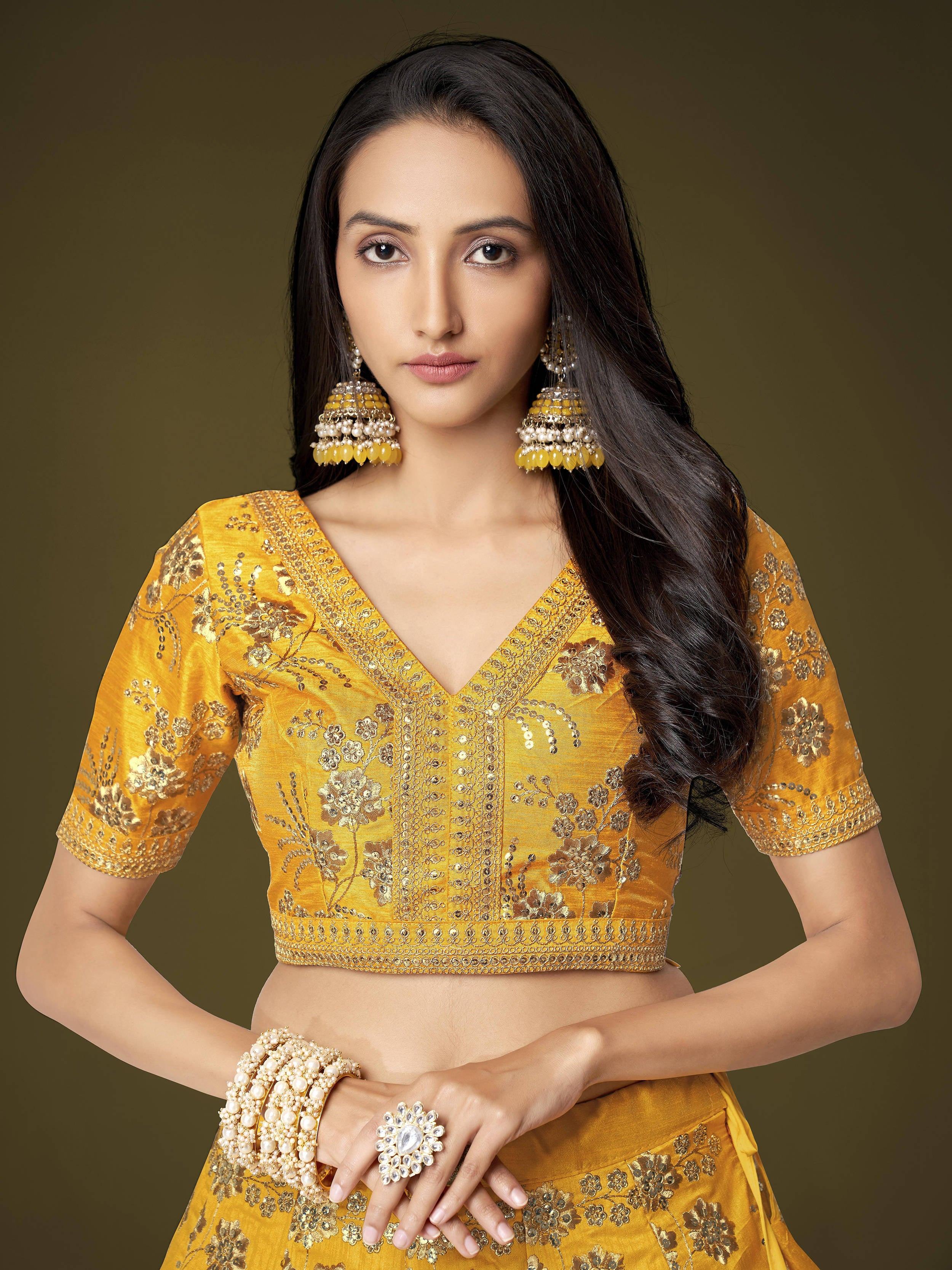 Yellow Sequins Embroidered Slub Silk Festival Wear Lehenga Choli