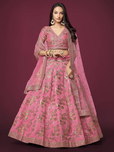 Pink Sequins Work Slub Silk Wedding Lehenga Choli for Ladies