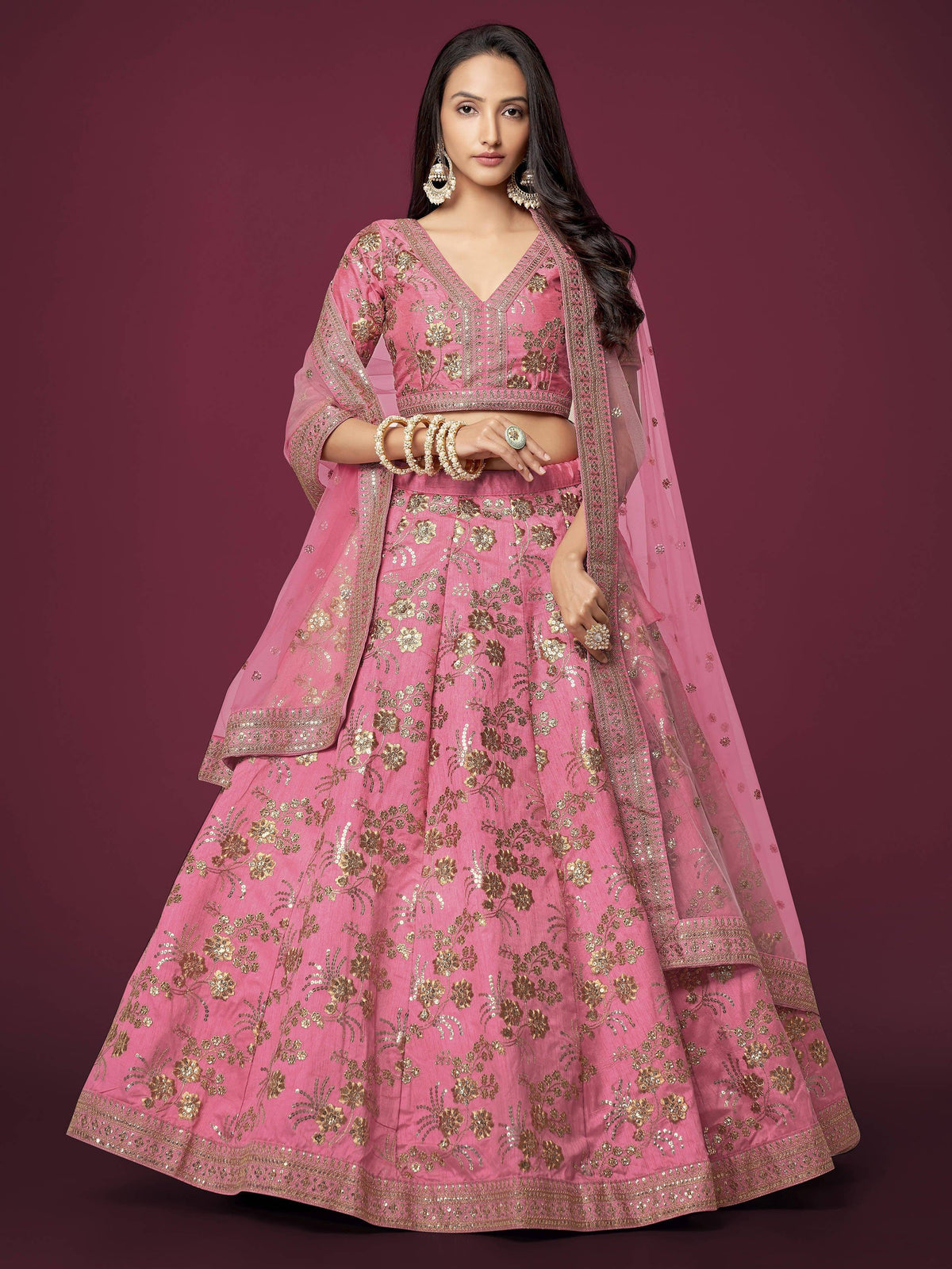 Pink Sequins Work Slub Silk Wedding Lehenga Choli for Ladies