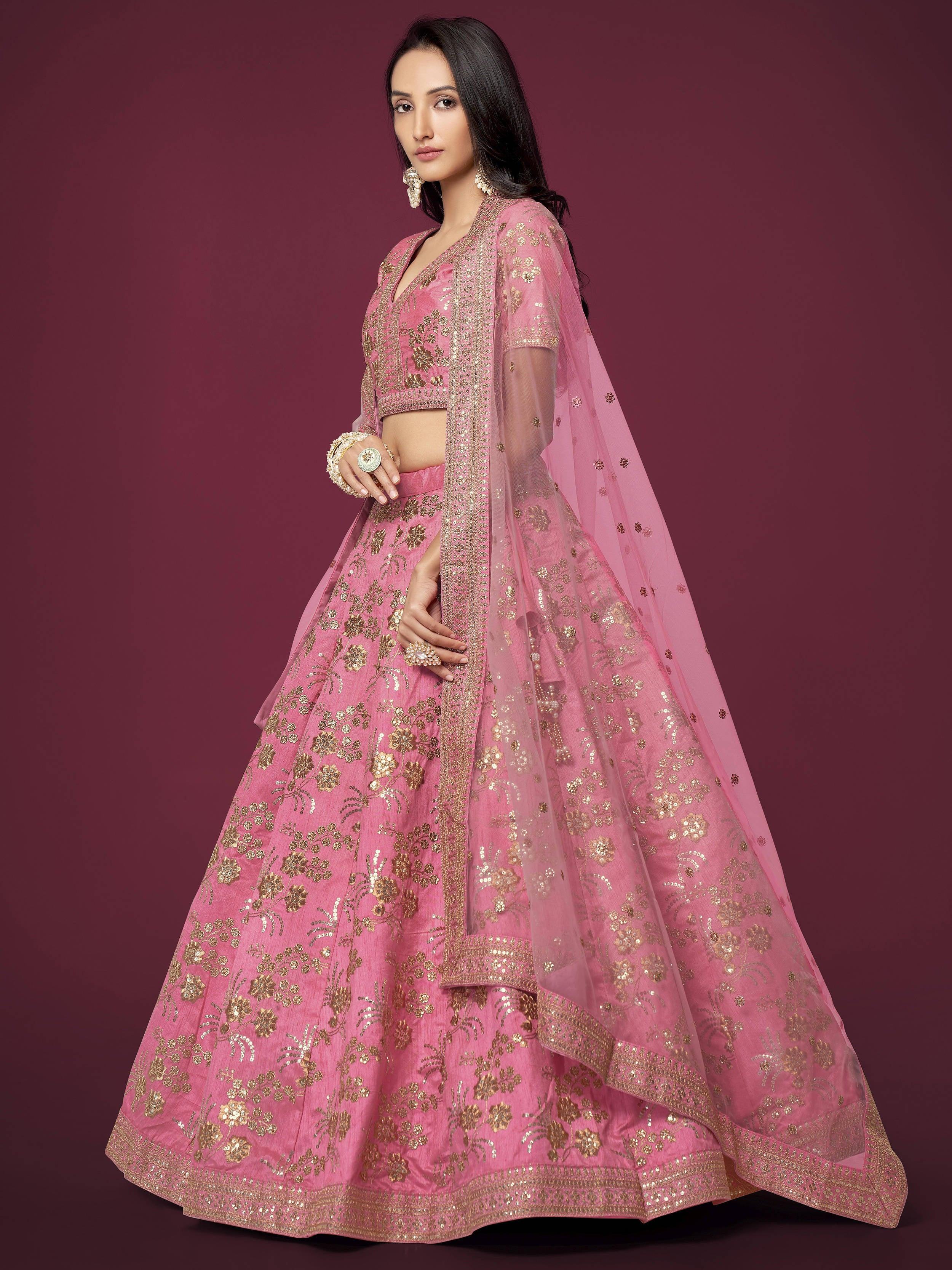 Pink Sequins Work Slub Silk Wedding Lehenga Choli for Ladies
